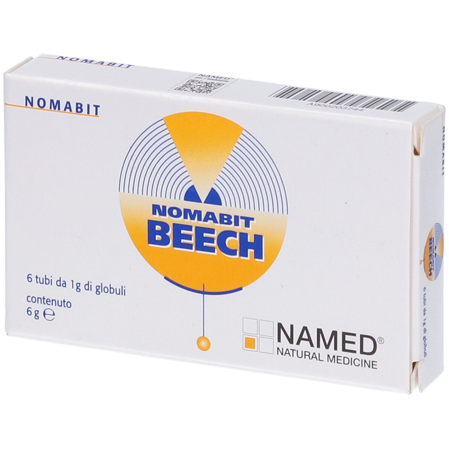 Scatola bianca con logo NOMABIT BEECH. Contiene 6 tubi di globuli. Logo NAMED NATURAL MEDICINE.