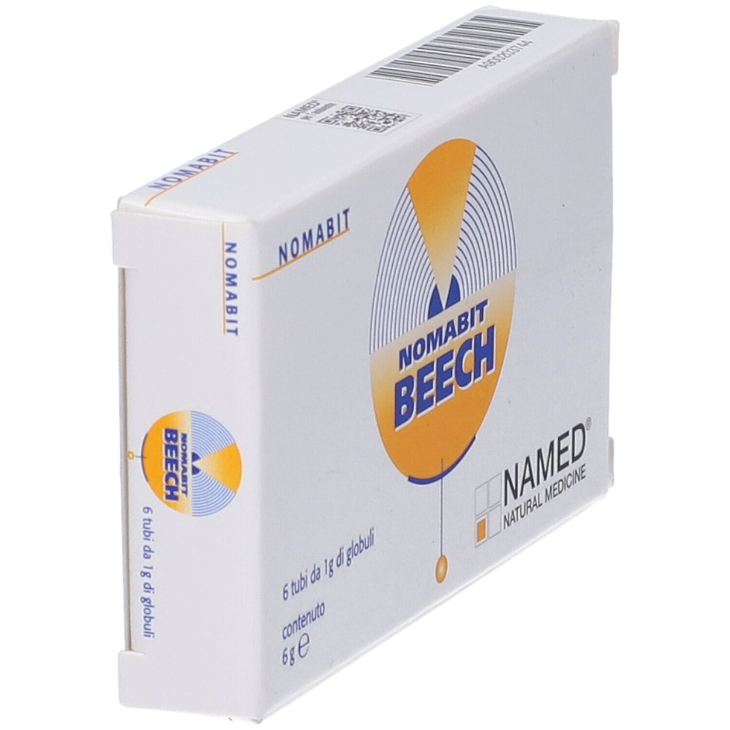 Scatola con logo NOMABIT BEECH. Contiene 6 tubi di globuli. Logo NAMED NATURAL MEDICINE. Vista prospettica.