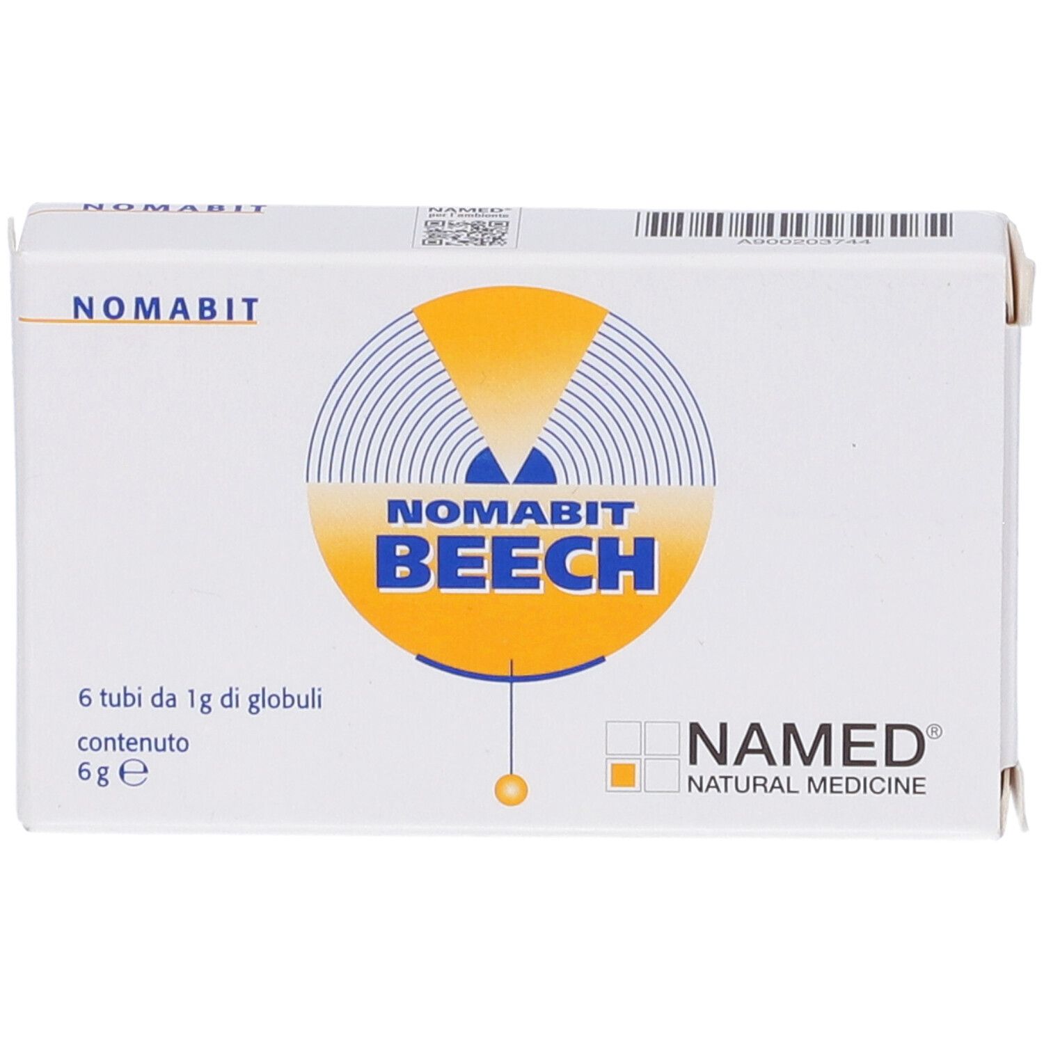 Scatola bianca con logo NOMABIT BEECH. Contiene 6 tubi di globuli. Logo NAMED NATURAL MEDICINE.