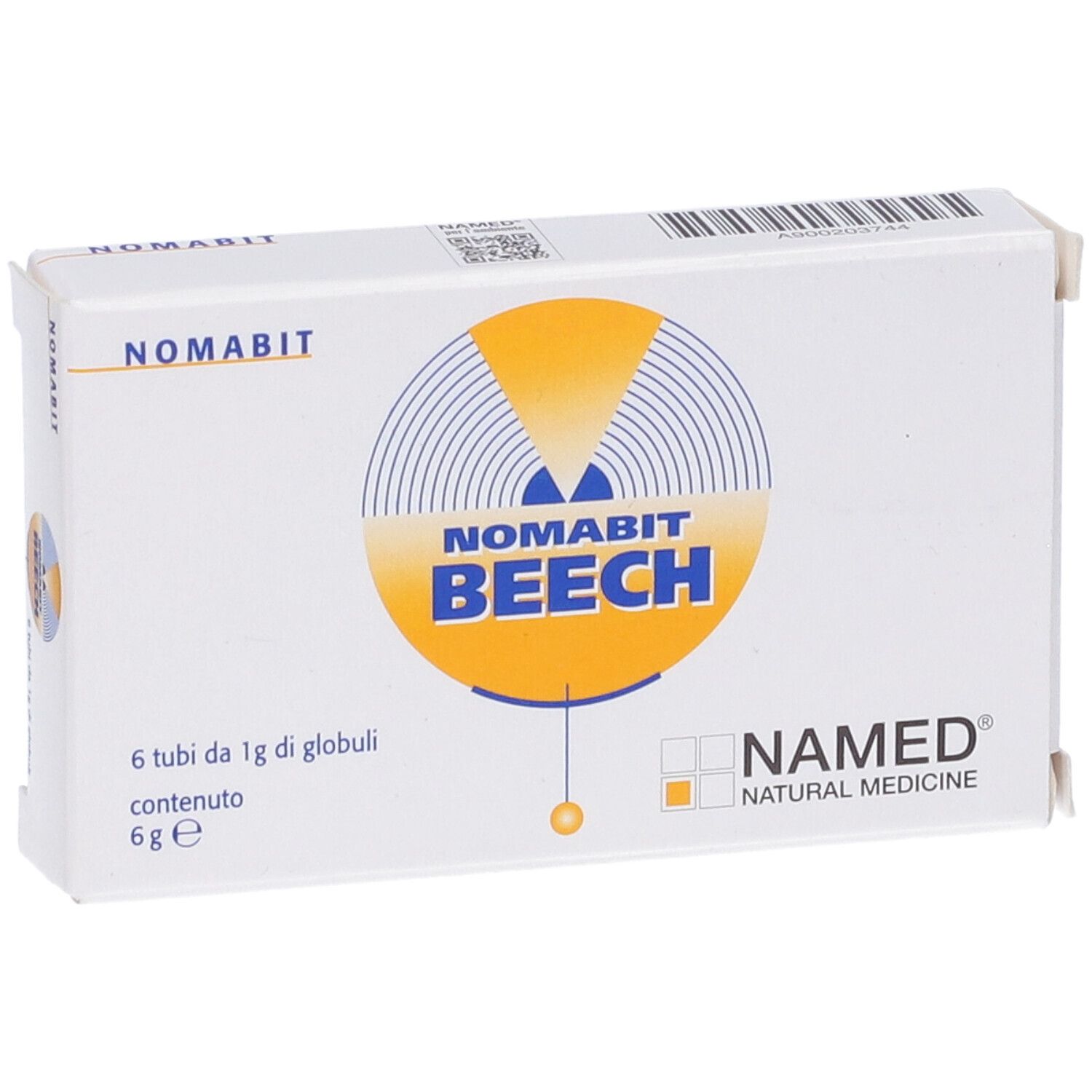 Scatola bianca con logo NOMABIT BEECH. Contiene 6 tubi di globuli. Logo NAMED NATURAL MEDICINE.