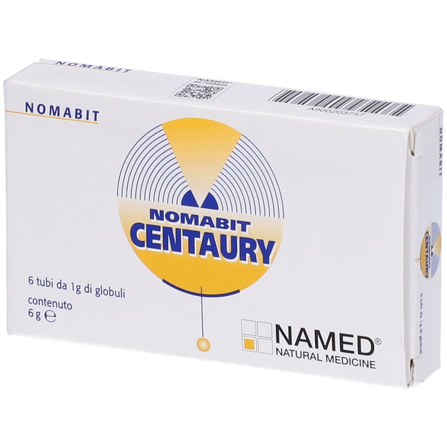 Scatola bianca con logo NOMABIT CENTAURY e NAMED. Contiene 6 tubi di globuli.