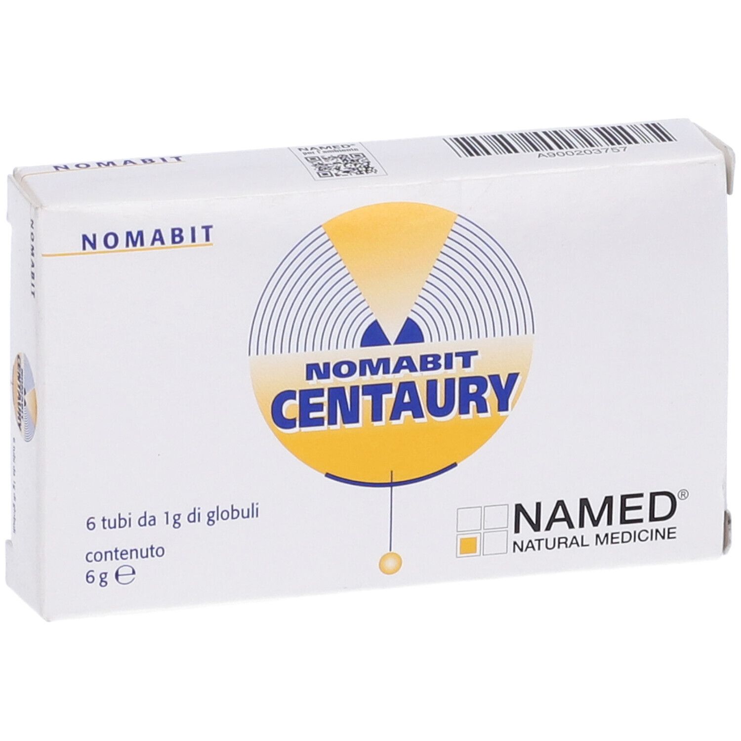 Scatola di NOMABIT CENTAURY. Logo NAMED e 6 tubi di globuli.