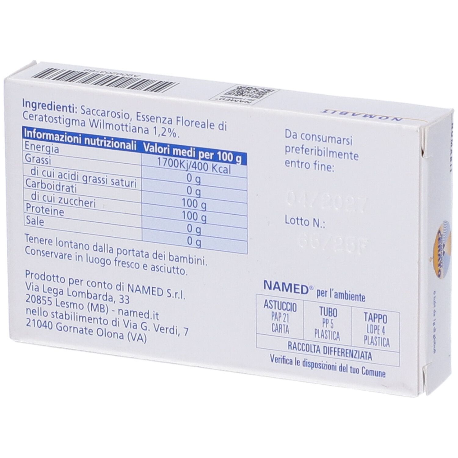 Retro della scatola Nomabit Cerato. Informazioni nutrizionali e ingredienti.