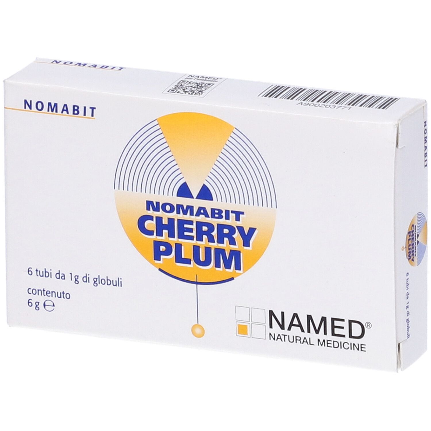 Scatola bianca con logo giallo e testo. Scritto: NOMABIT CHERRY PLUM. 6 tubi di globuli, 6 g.