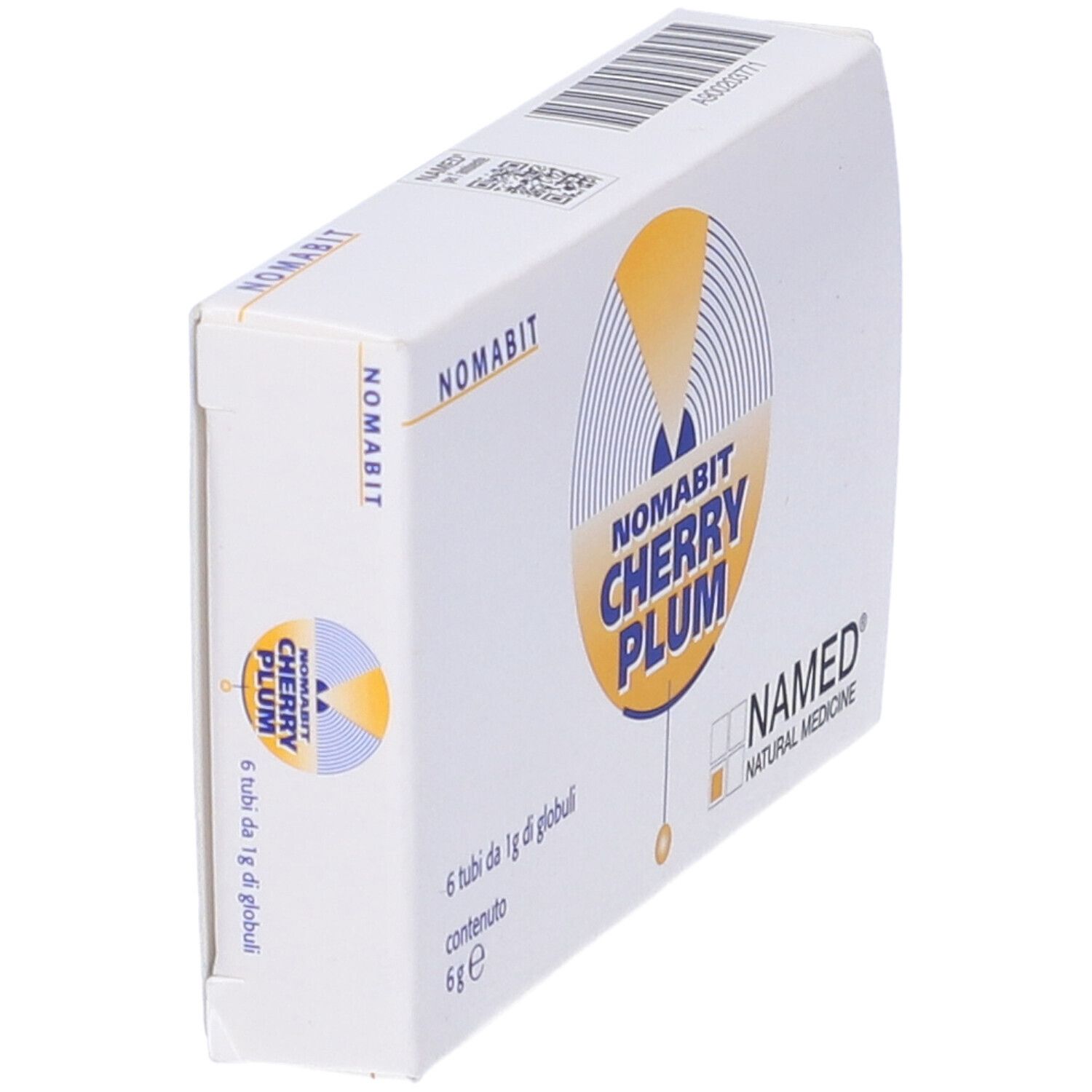 Scatola bianca, vista laterale. Logo giallo e testo: NOMABIT CHERRY PLUM. 6 tubi di globuli, 6 g.