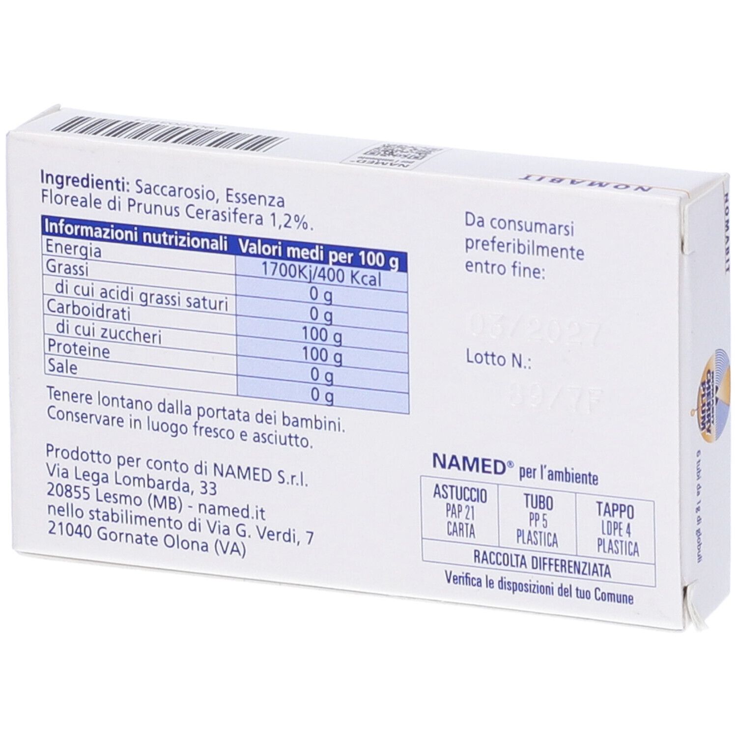 Retro della scatola bianca. Contiene informazioni nutrizionali e ingredienti. Testo: NAMED, prodotto per NAMED S.r.l.