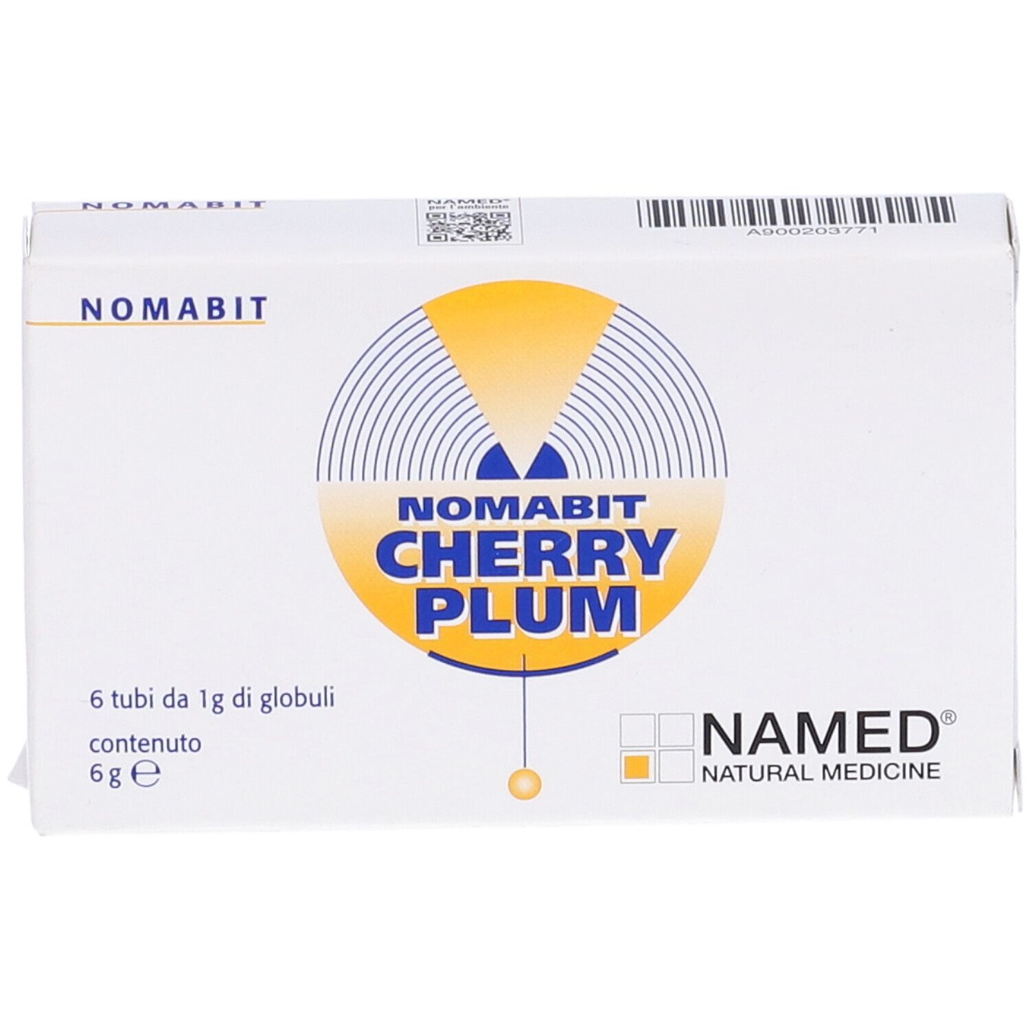 Scatola bianca con logo giallo e testo: NOMABIT CHERRY PLUM. 6 tubi di globuli, 6 g. NAMED Natural Medicine.