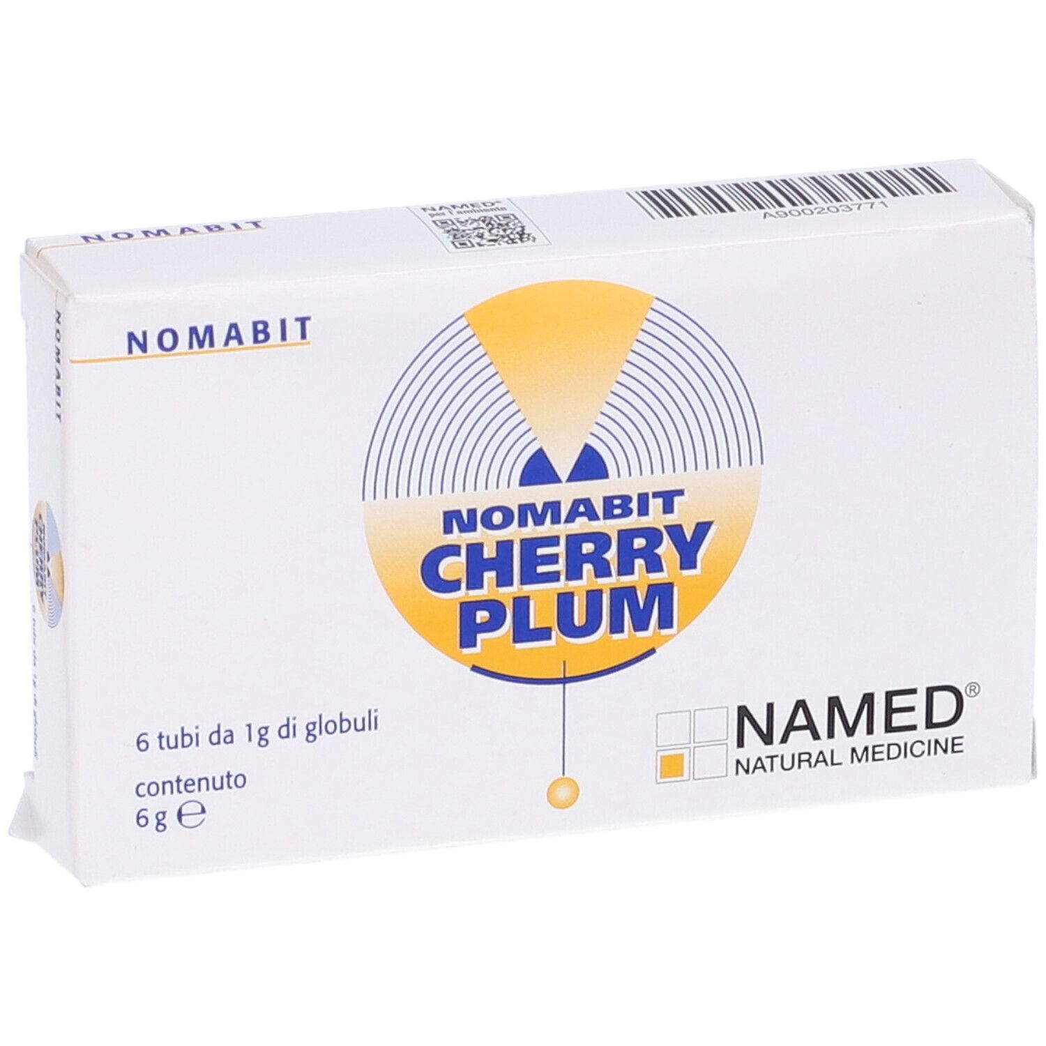 Scatola bianca con logo giallo e testo: NOMABIT CHERRY PLUM. 6 tubi di globuli, 6 g. NAMED Natural Medicine.