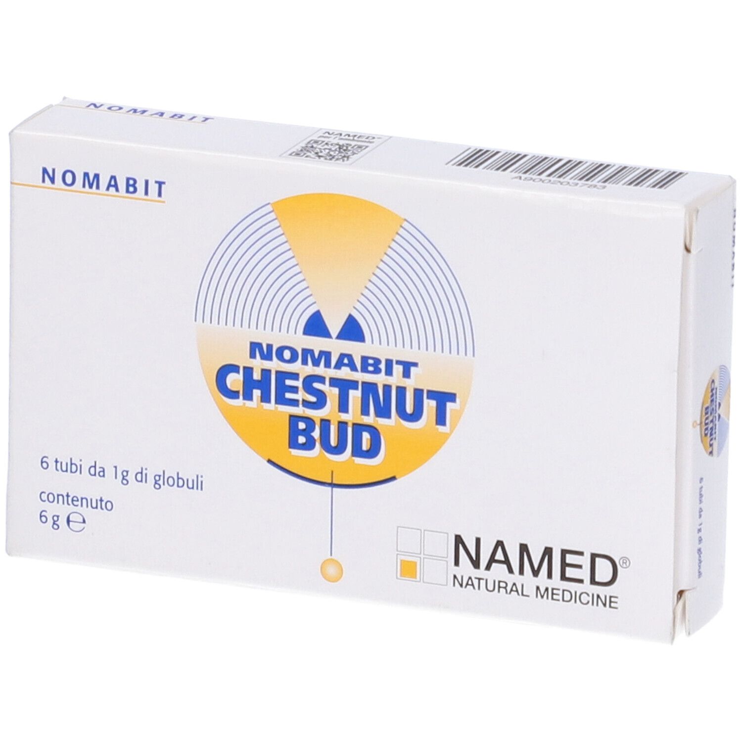 Scatola Nomabit Chestnut Bud Globuli. Scatola bianca con logo giallo e nome del prodotto.