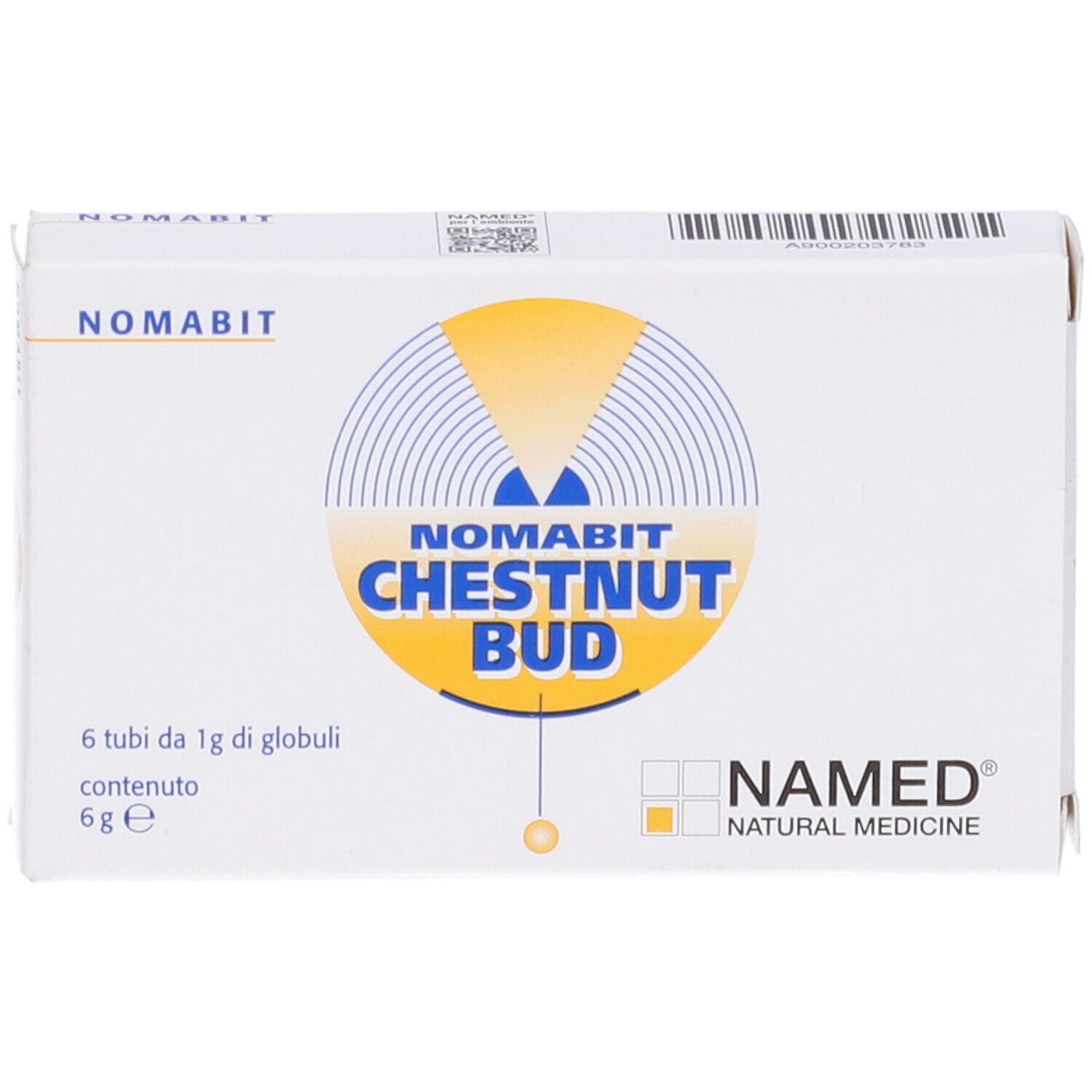 Scatola Nomabit Chestnut Bud Globuli. Scatola bianca con logo giallo e nome del prodotto.