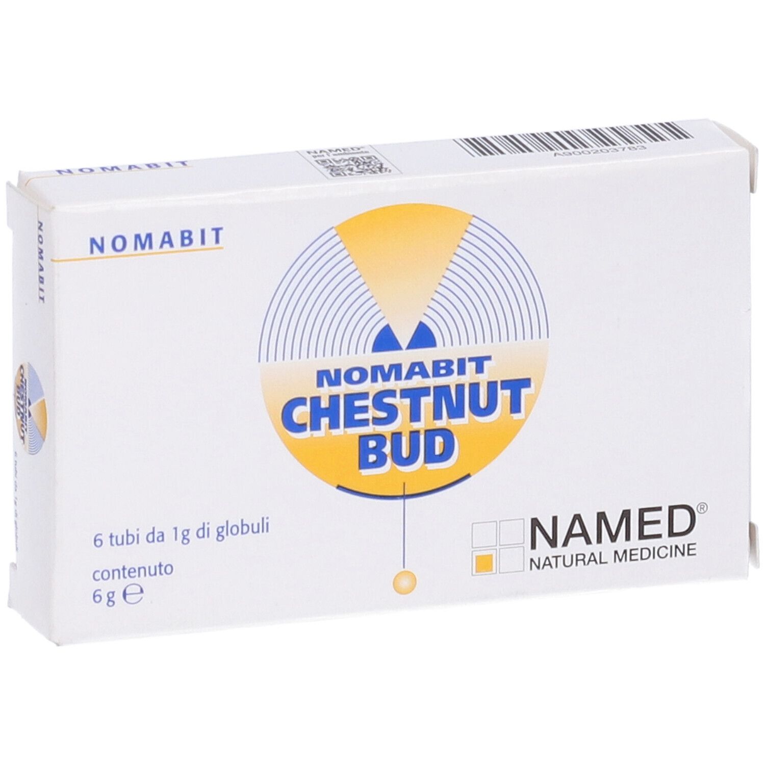 Scatola Nomabit Chestnut Bud Globuli. Scatola bianca con logo giallo e nome del prodotto.