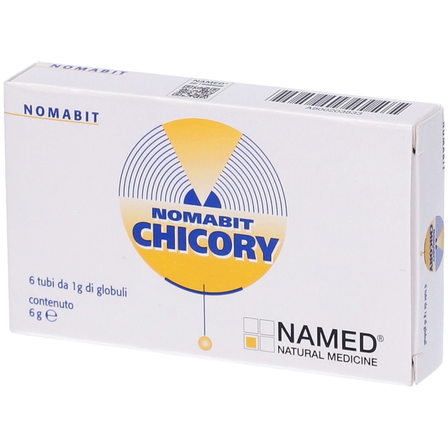 Scatola bianca NOMABIT CHICORY. Contiene 6 tubi di globuli. Logo NAMED NATURAL MEDICINE.