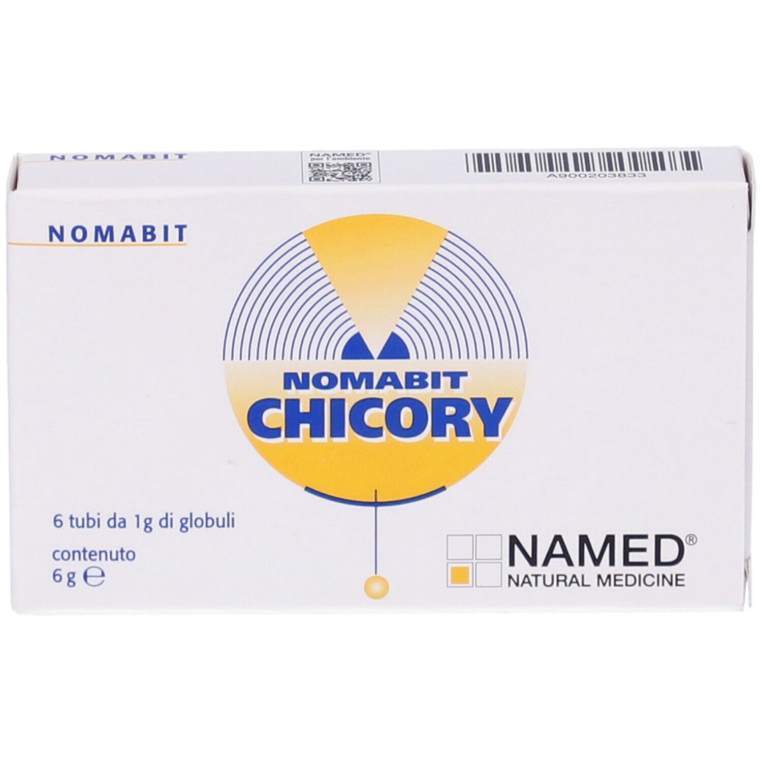 Scatola bianca NOMABIT CHICORY. Contiene 6 tubi di globuli. Logo NAMED NATURAL MEDICINE.