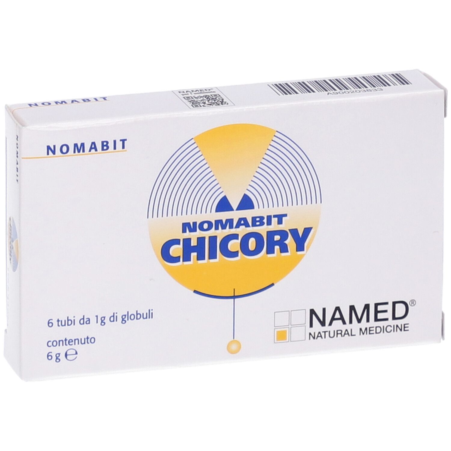 Scatola bianca NOMABIT CHICORY. Contiene 6 tubi di globuli. Logo NAMED NATURAL MEDICINE.