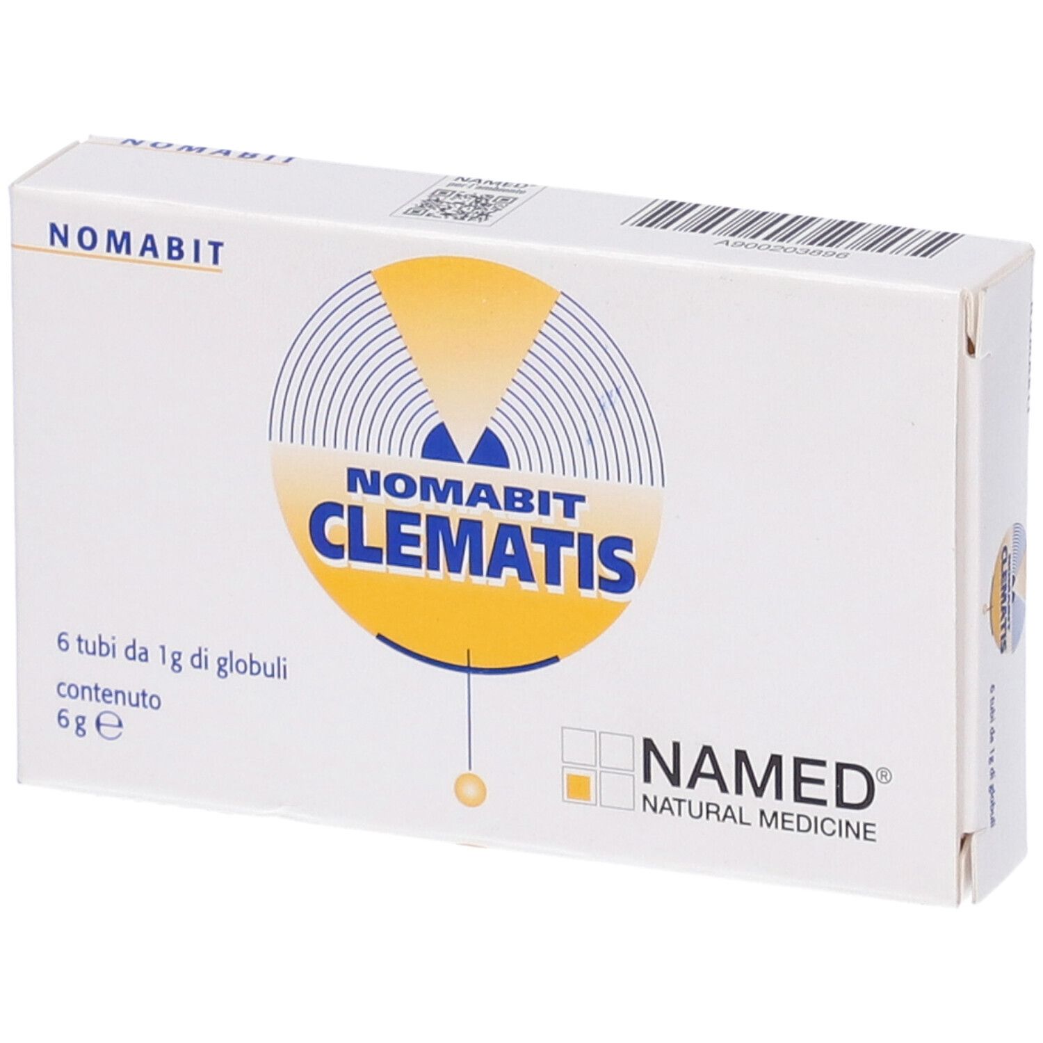Confezione di Nomabit Clematis Globuli. Scatola bianca con logo e nome del prodotto. Contiene 6 tubi.