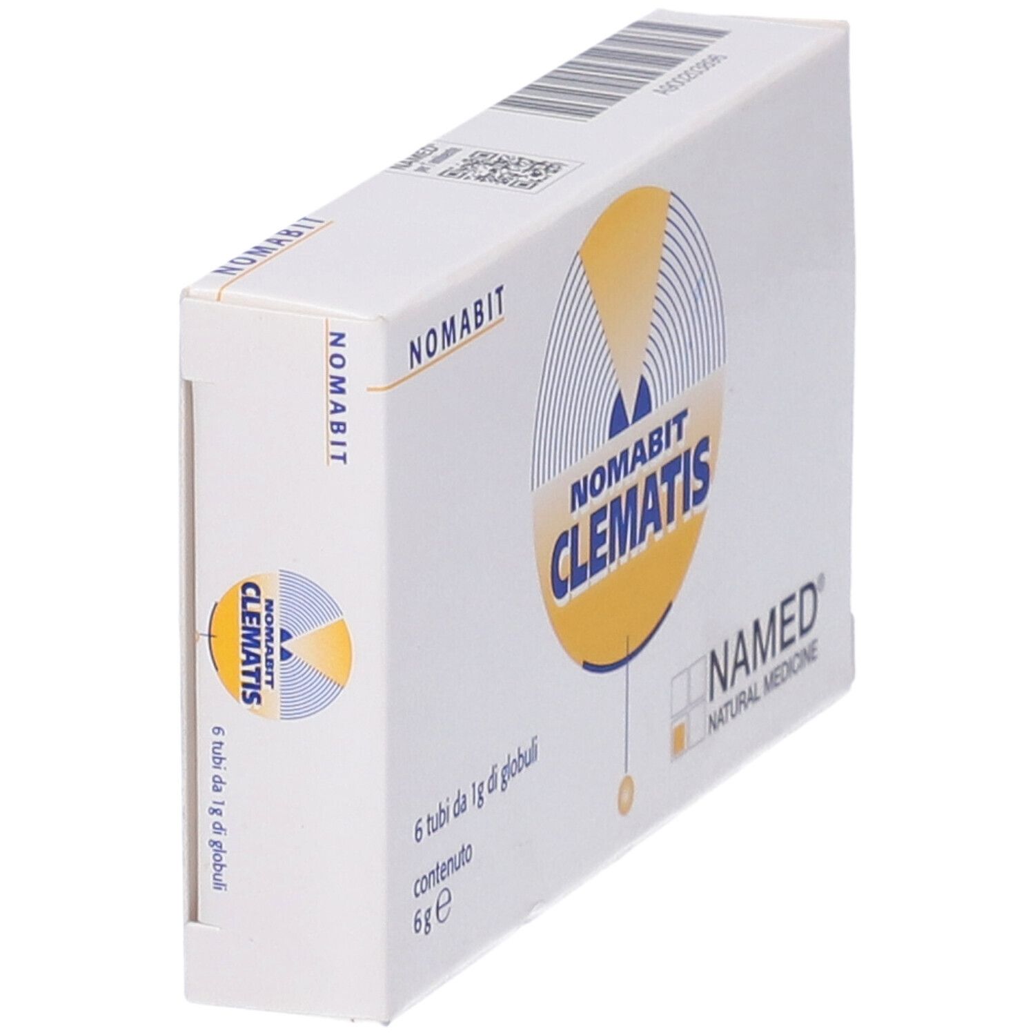 Vista obliqua della confezione di Nomabit Clematis Globuli. Scatola bianca con logo e nome.