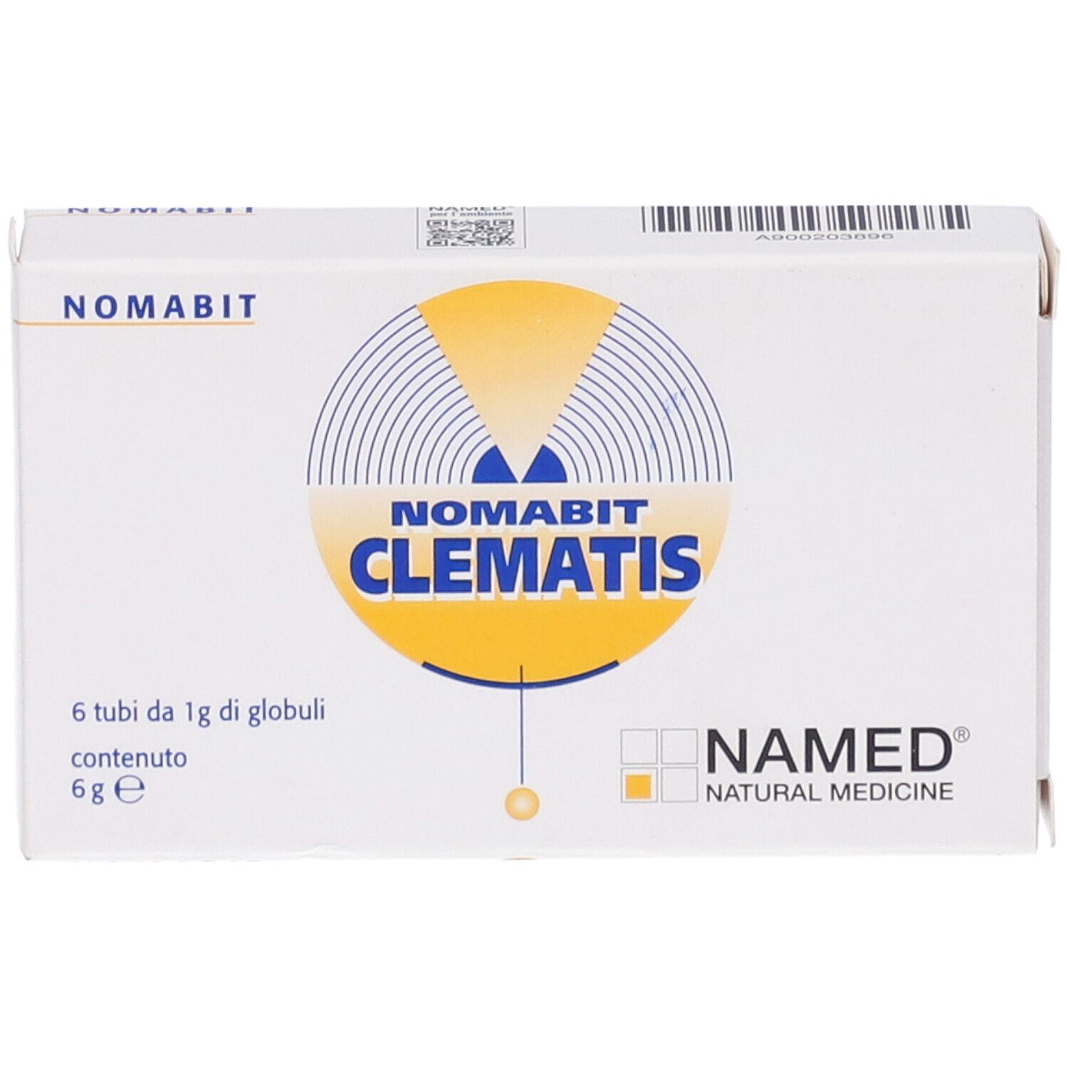 Confezione di Nomabit Clematis Globuli. Scatola bianca con logo e nome del prodotto. Contiene 6 tubi.