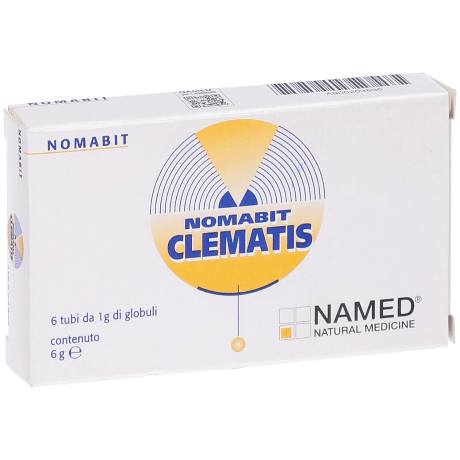 Confezione di Nomabit Clematis Globuli. Scatola bianca con logo e nome del prodotto. Contiene 6 tubi.