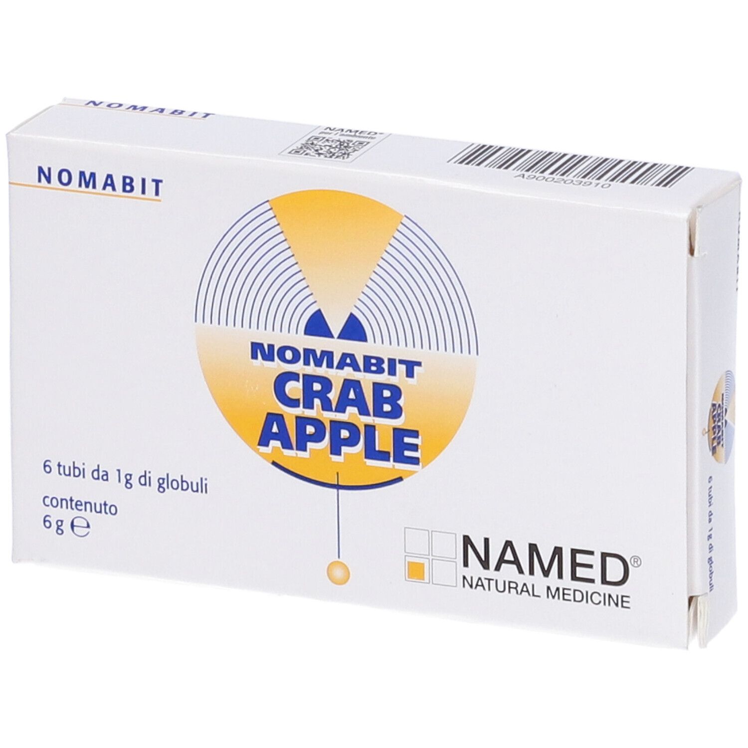Scatola bianca con logo giallo e testo: NOMABIT CRAB APPLE. Contiene 6 tubi di globuli.
