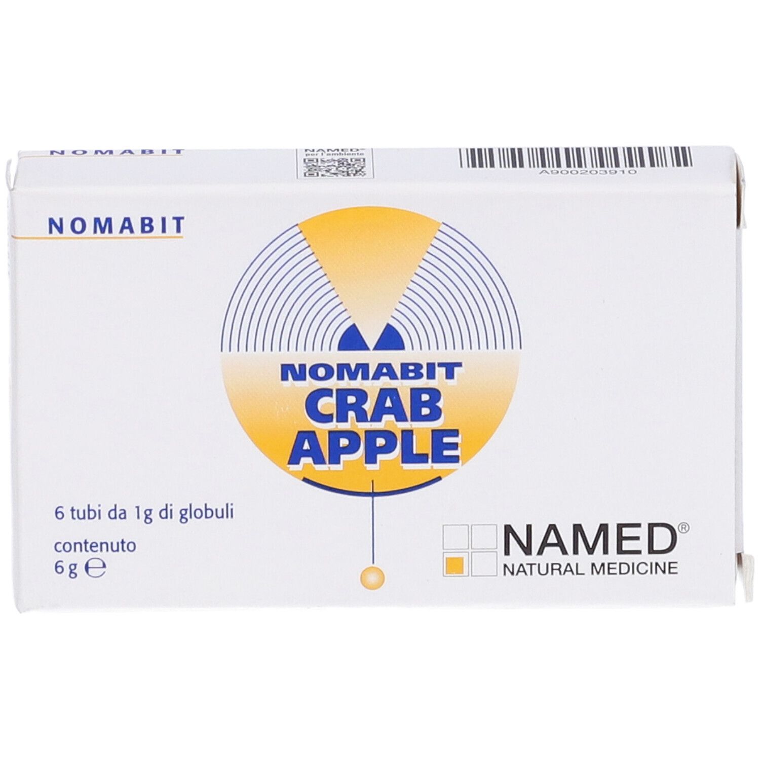 Scatola bianca con logo giallo e testo: NOMABIT CRAB APPLE. Logo NAMED. 6 tubi di globuli.