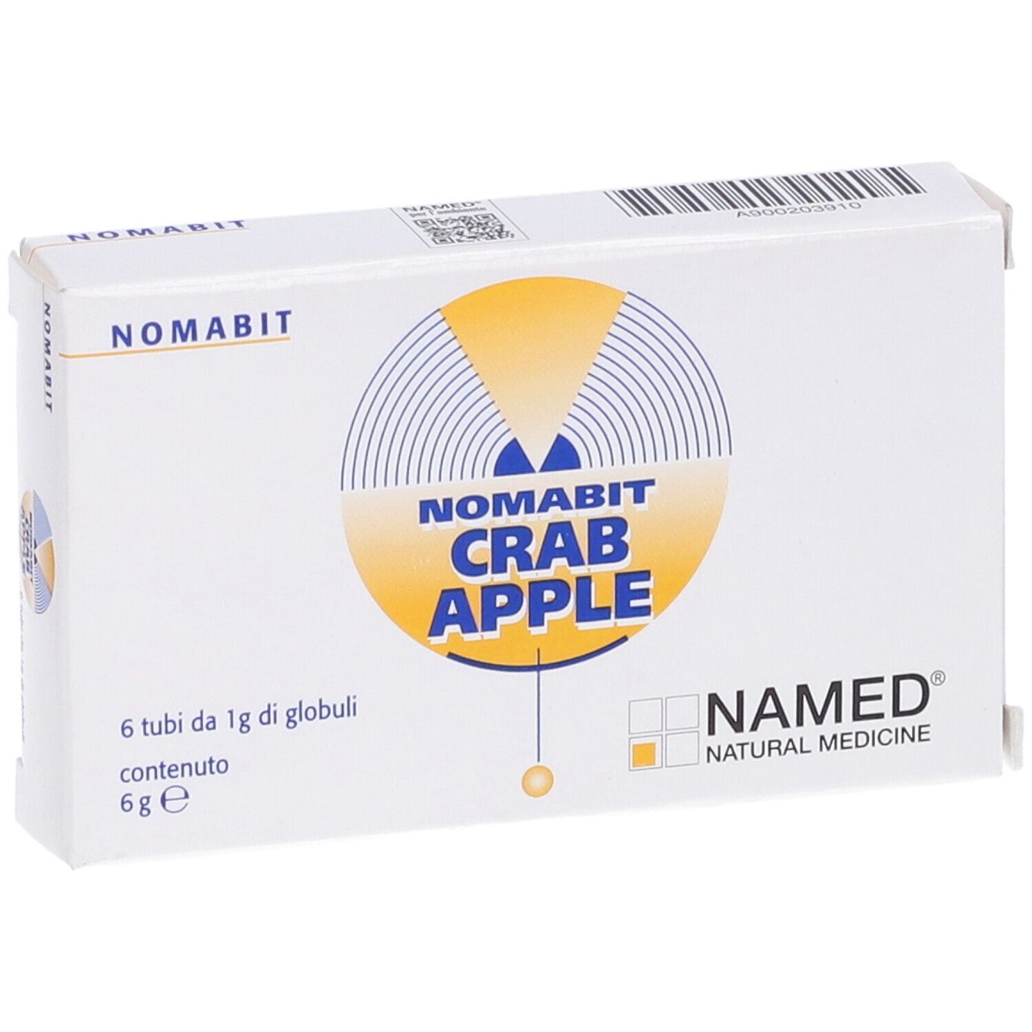Scatola bianca con logo giallo e testo: NOMABIT CRAB APPLE. Logo NAMED. 6 tubi di globuli.