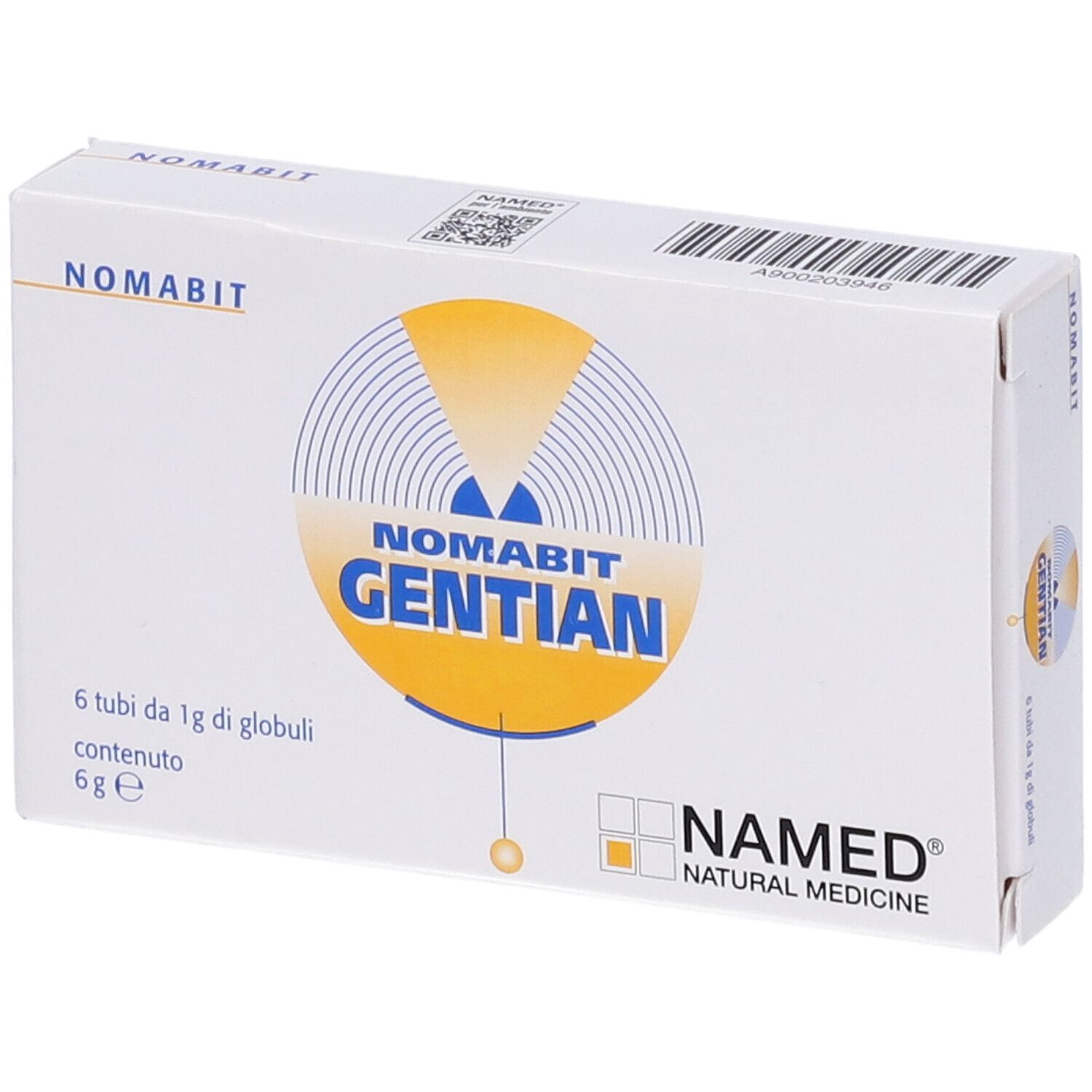 Scatola bianca con logo giallo e testo. Scritto NOMABIT GENTIAN e NAMED NATURAL MEDICINE.