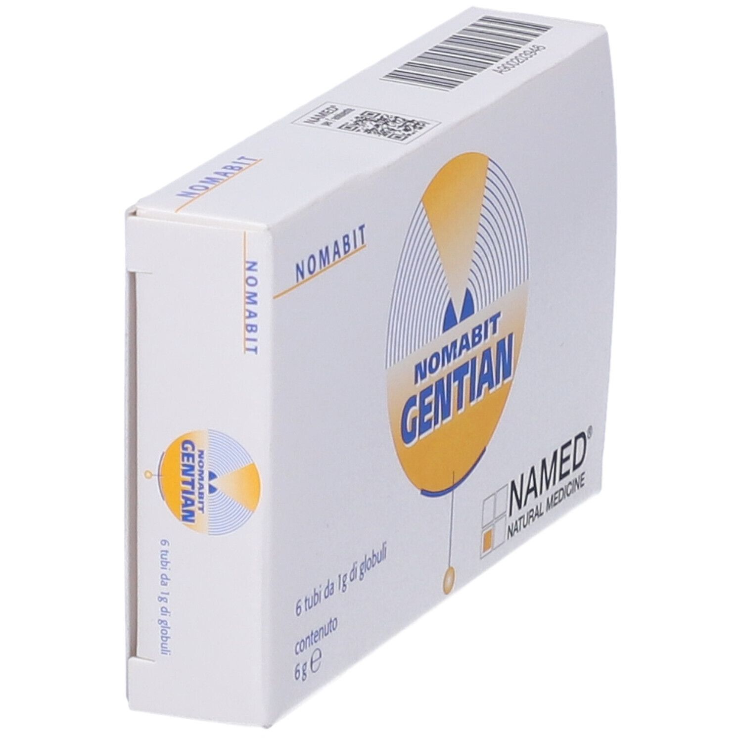 Scatola bianca con logo giallo e testo. Scritto NOMABIT GENTIAN e NAMED NATURAL MEDICINE.