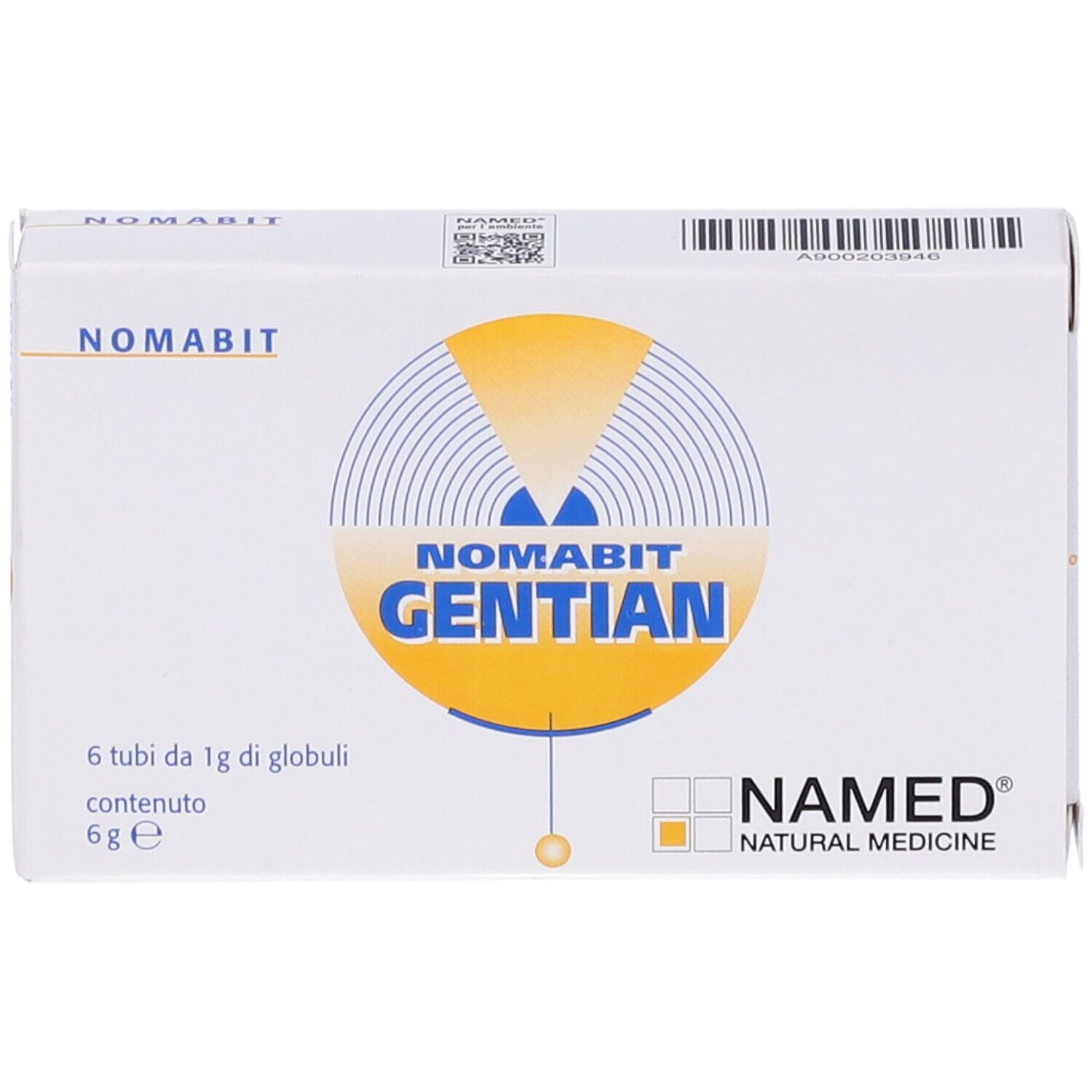Scatola bianca con logo giallo e testo. Scritto NOMABIT GENTIAN e NAMED NATURAL MEDICINE.