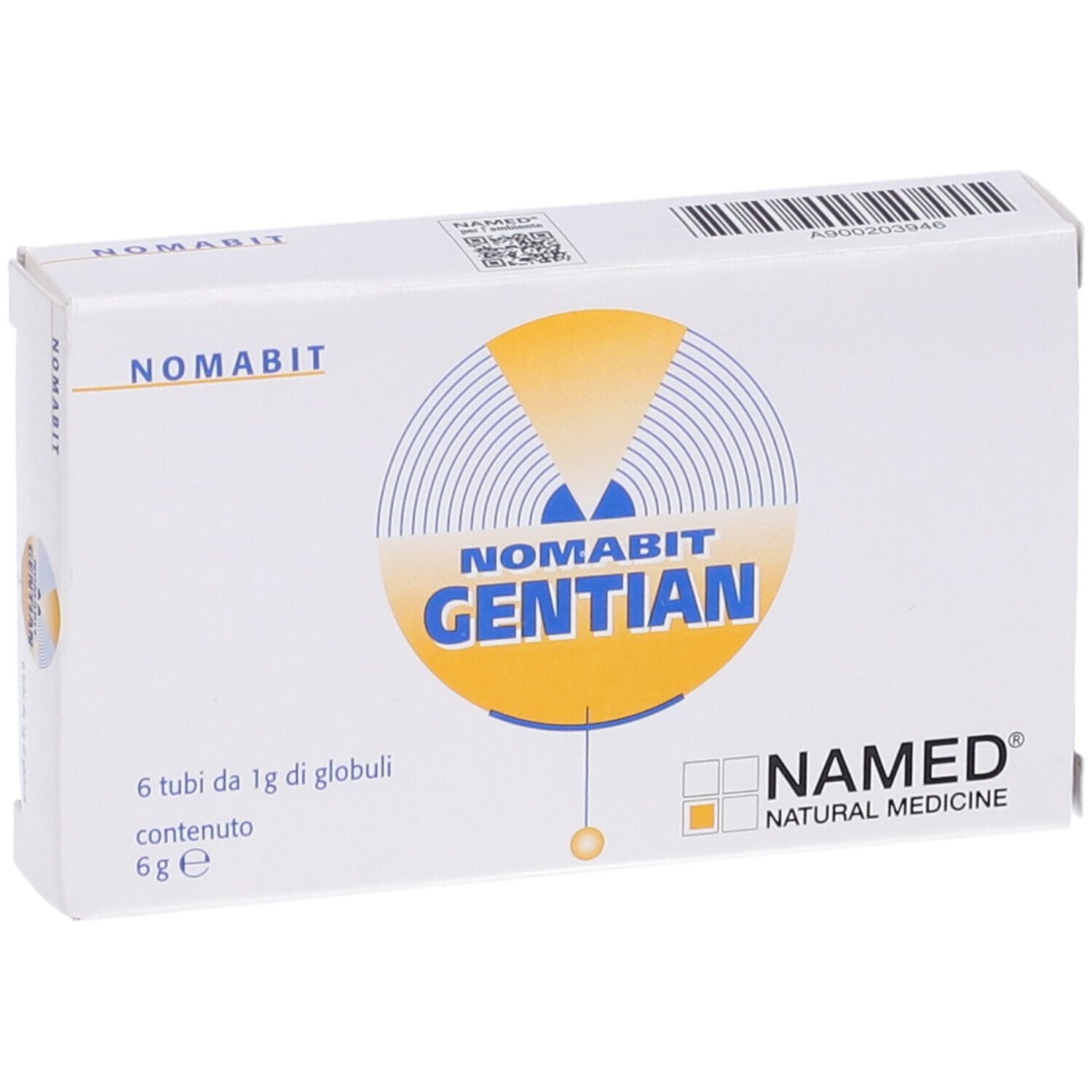 Scatola bianca con logo giallo e testo. Scritto NOMABIT GENTIAN e NAMED NATURAL MEDICINE.