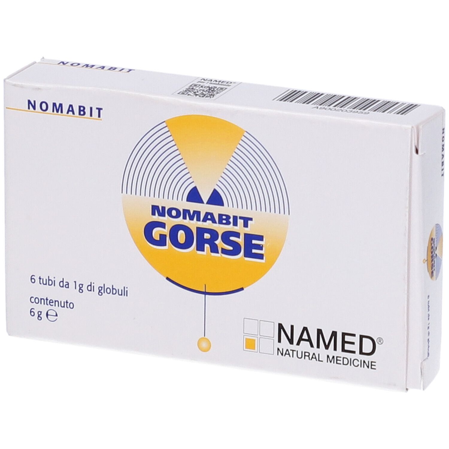 Scatola bianca con logo giallo e testo. Scritto: NOMABIT GORSE. 6 tubi di globuli.