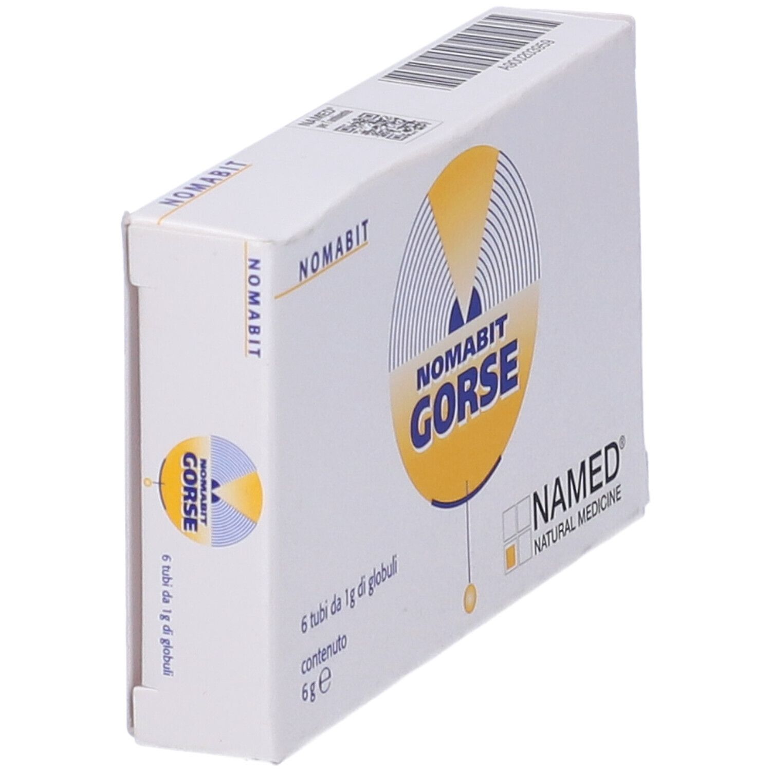 Scatola bianca con logo giallo e testo. Scritto: NOMABIT GORSE. 6 tubi di globuli.