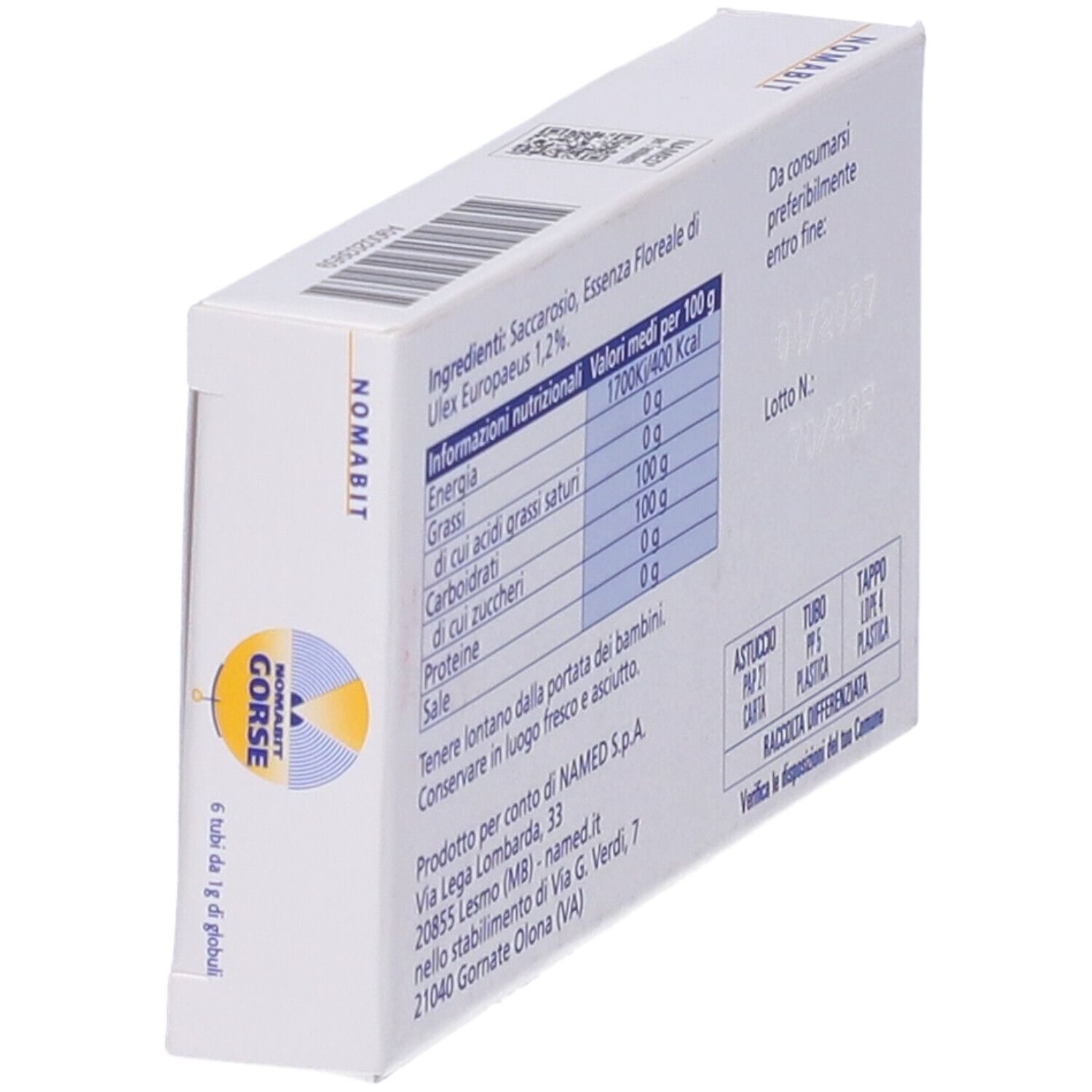 Scatola bianca con testo e informazioni nutrizionali. Scritto: NOMABIT. Elenco ingredienti e data di scadenza.