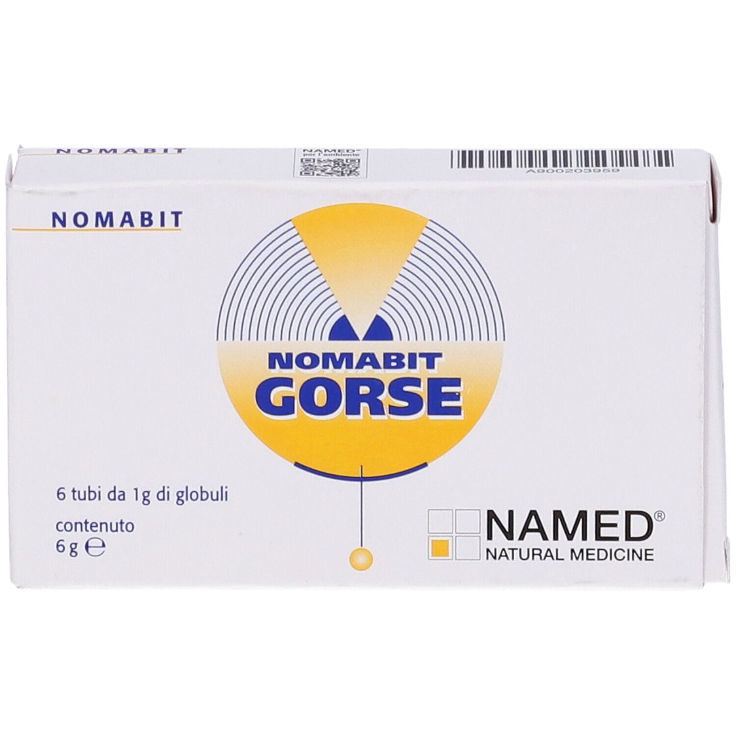 Scatola bianca con logo giallo e testo. Scritto: NOMABIT GORSE. 6 tubi di globuli.
