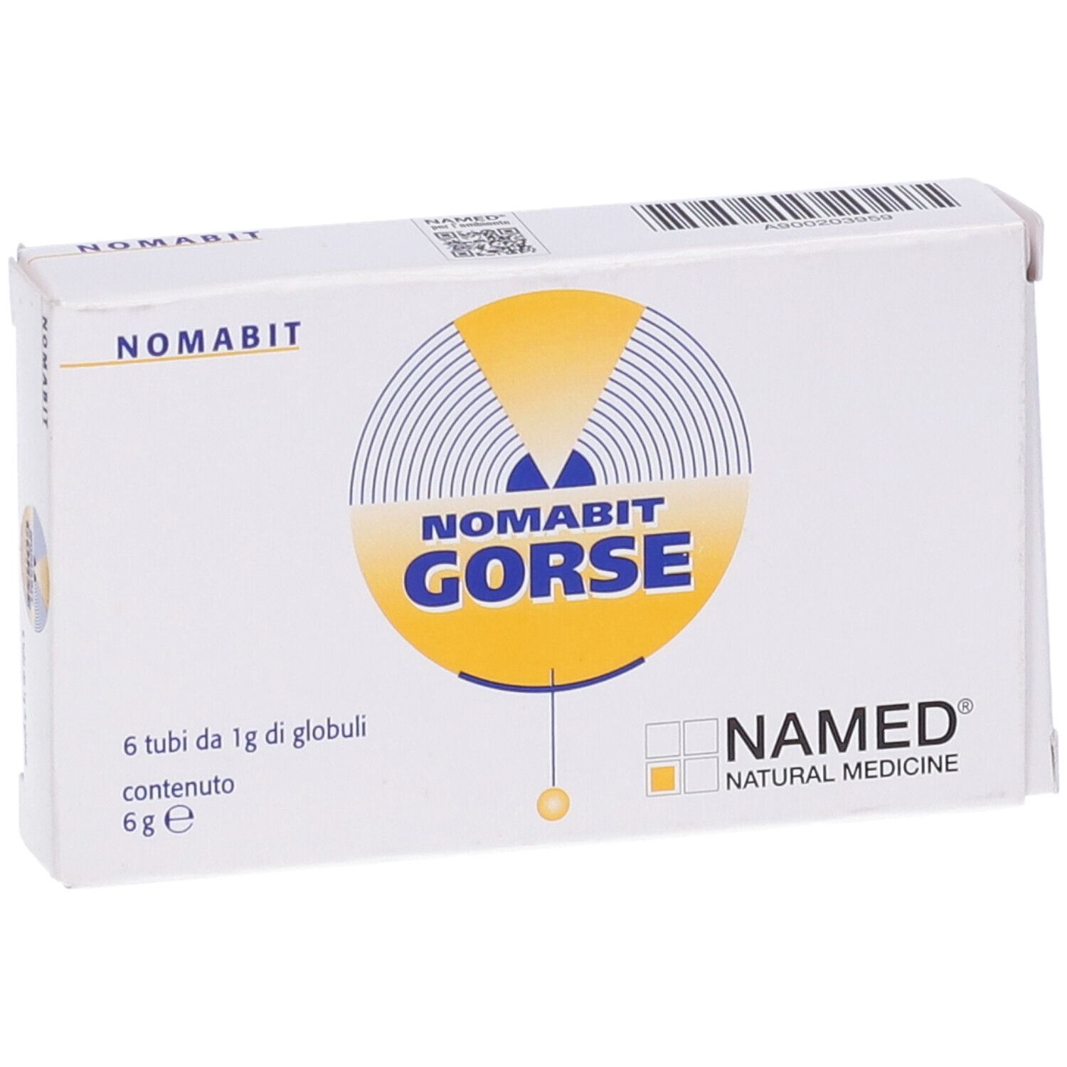 Scatola bianca con logo giallo e testo. Scritto: NOMABIT GORSE. 6 tubi di globuli.