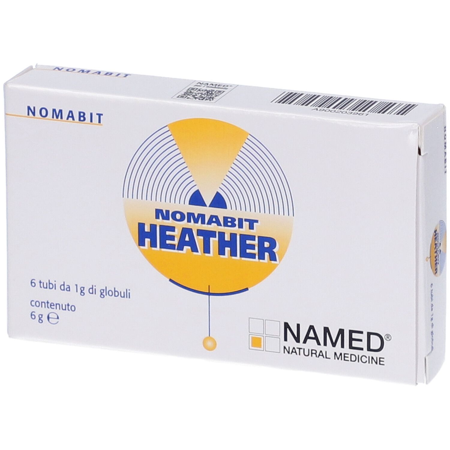 Scatola bianca NOMABIT HEATHER. Contiene 6 tubi di globuli. Logo NAMED Natural Medicine.