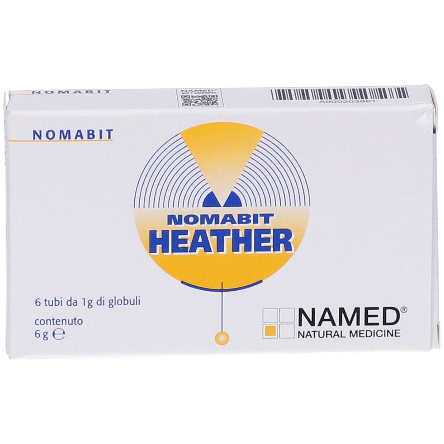 Scatola bianca NOMABIT HEATHER. Contiene 6 tubi di globuli. Logo NAMED Natural Medicine.