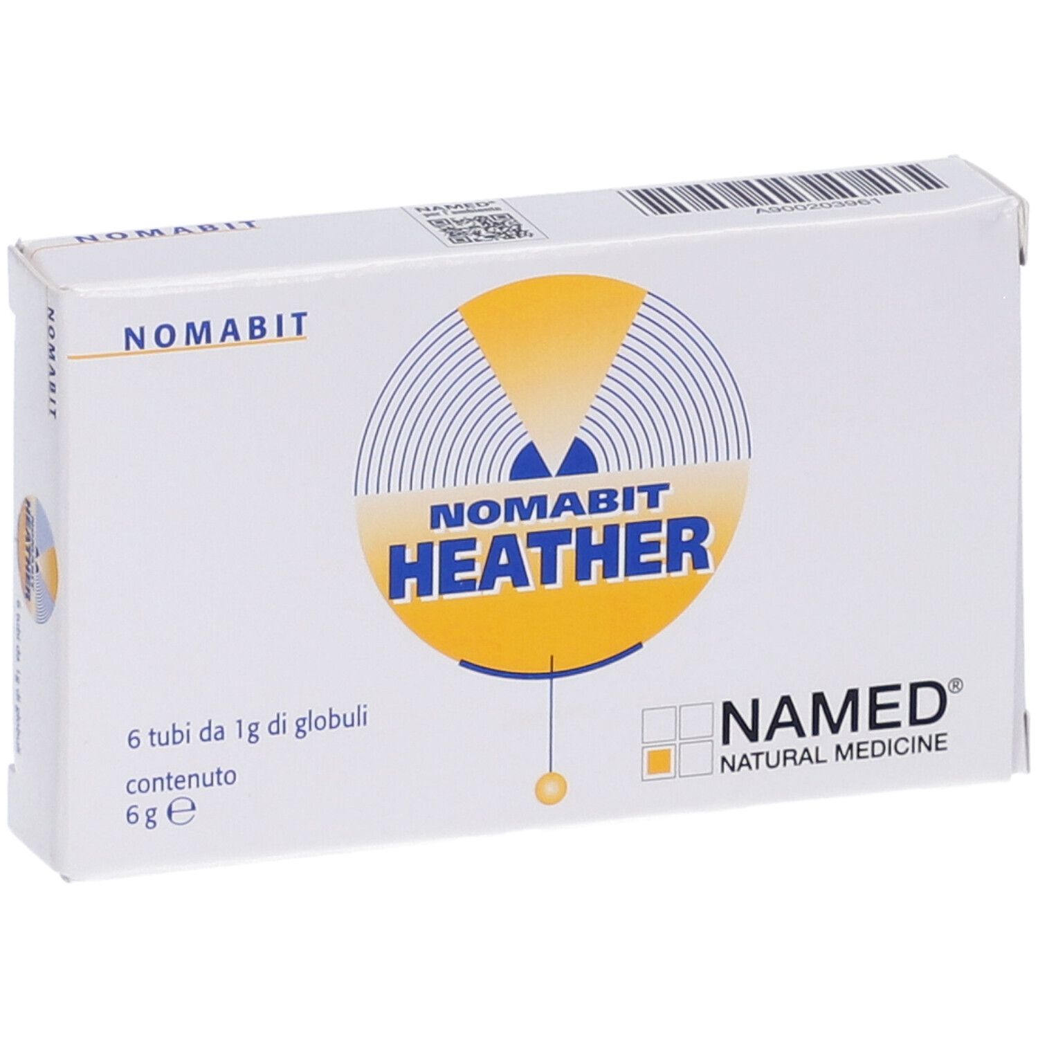Scatola bianca NOMABIT HEATHER. Contiene 6 tubi di globuli. Logo NAMED Natural Medicine.