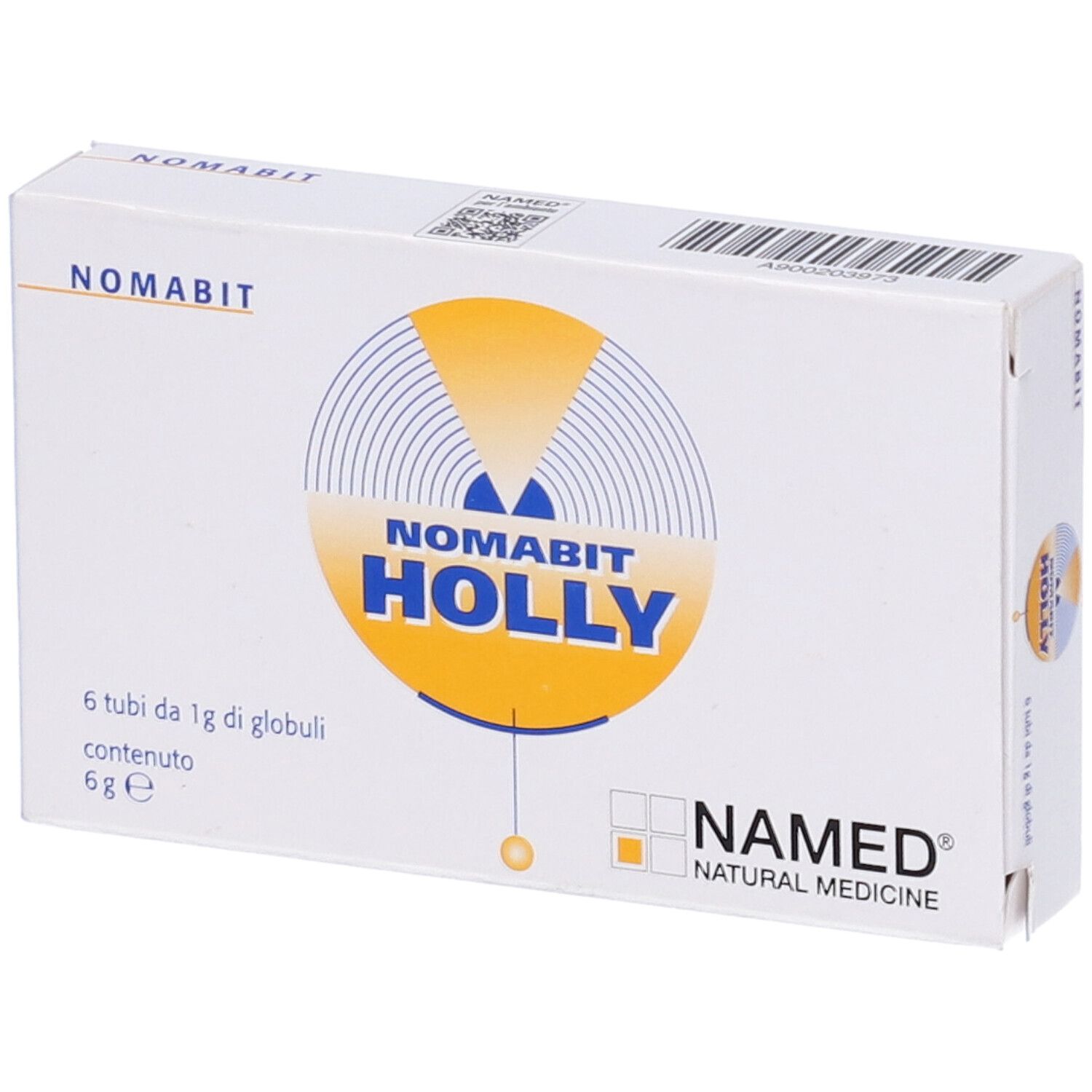 Scatola bianca di globuli NOMABIT HOLLY. Logo giallo, testo blu. Scritto: 6 g. Marchio: NAMED NATURAL MEDICINE.