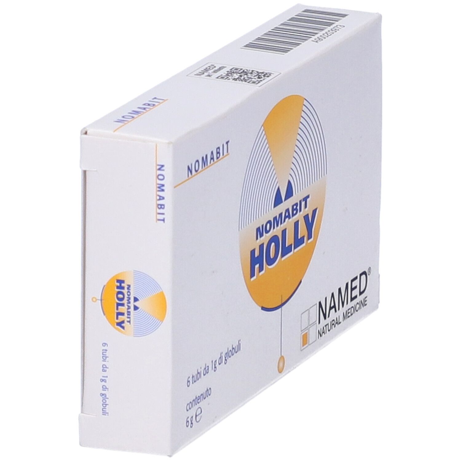 Scatola NOMABIT HOLLY globuli, in diagonale. Logo giallo, testo blu. Scritto: 6 g. Marchio: NAMED NATURAL MEDICINE.