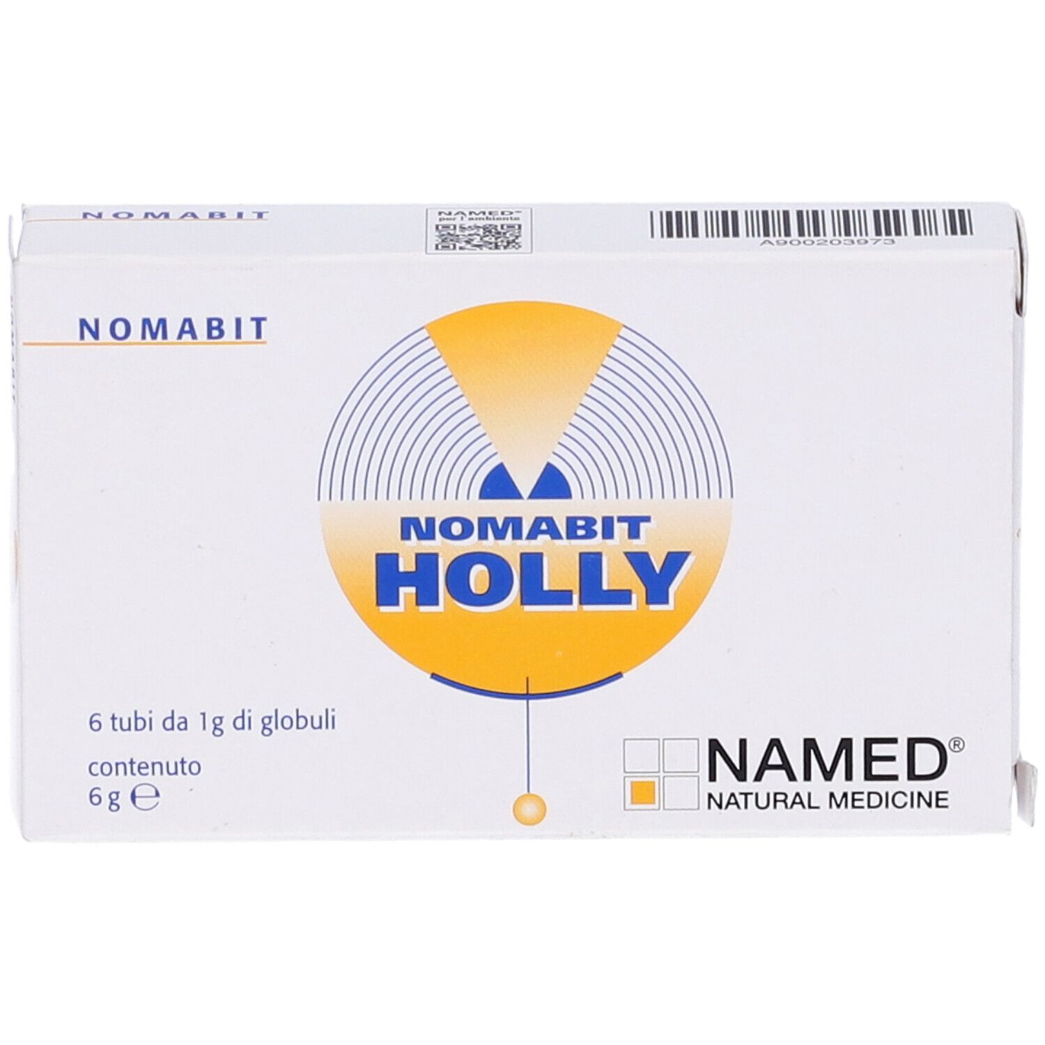Scatola bianca di globuli NOMABIT HOLLY. Logo giallo, testo blu. Scritto: 6 g. Marchio: NAMED NATURAL MEDICINE.