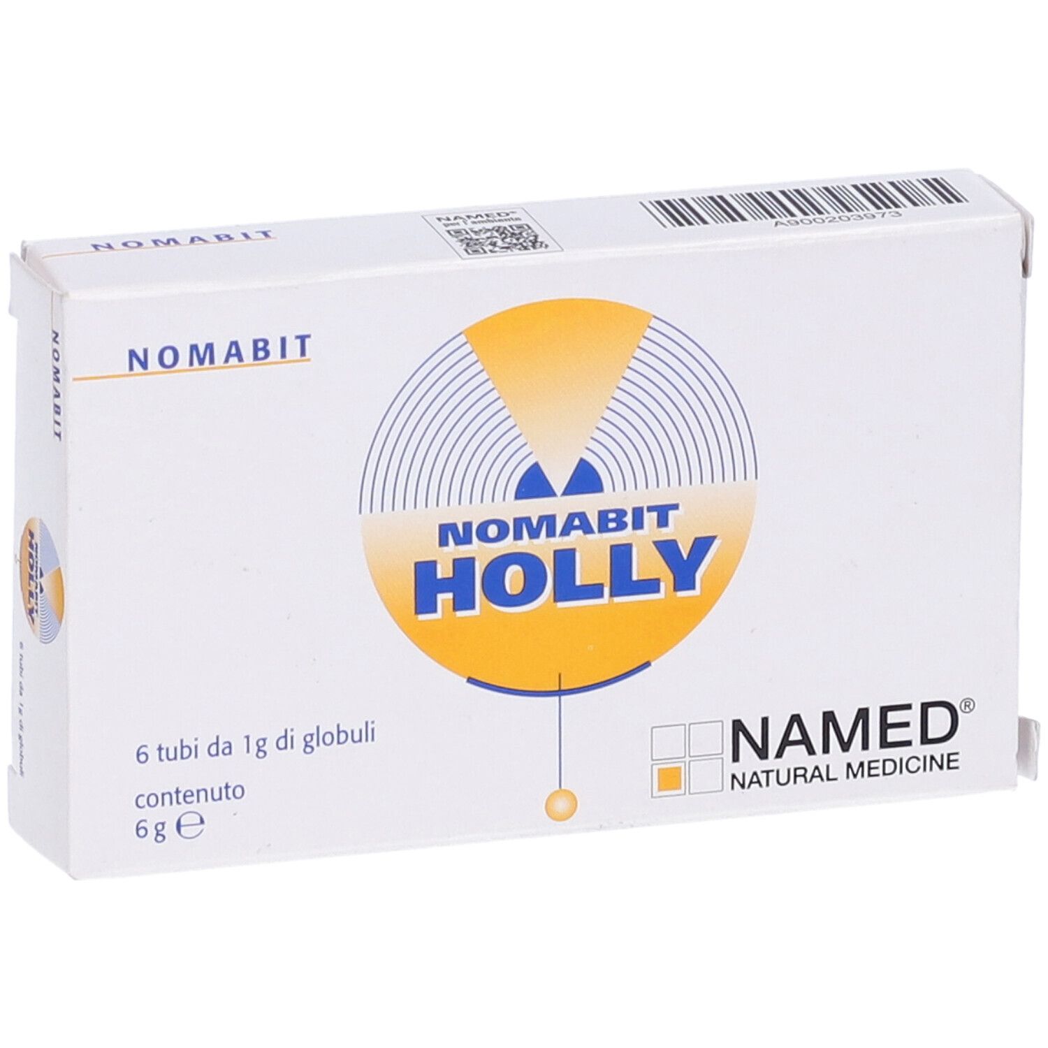 Scatola bianca di globuli NOMABIT HOLLY. Logo giallo, testo blu. Scritto: 6 g. Marchio: NAMED NATURAL MEDICINE.
