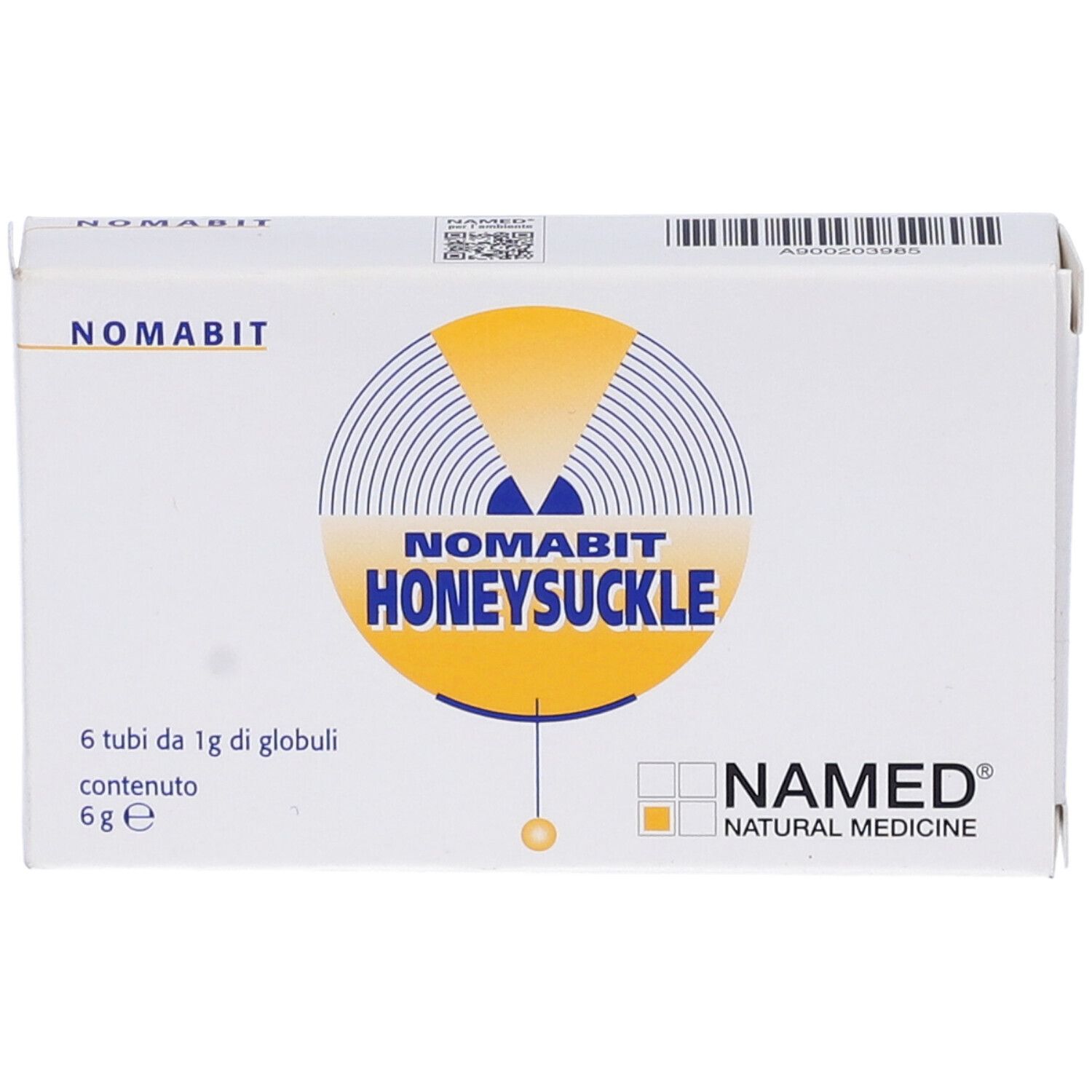 Scatola bianca con logo giallo e testo. Scritto: NOMABIT HONEYSUCKLE. Marchio: NAMED NATURAL MEDICINE.