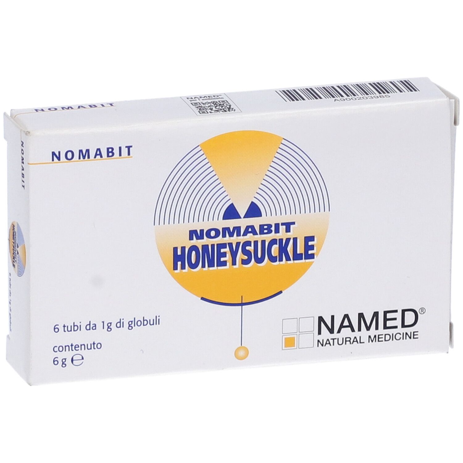 Scatola bianca con logo giallo e testo. Scritto: NOMABIT HONEYSUCKLE. Marchio: NAMED NATURAL MEDICINE.