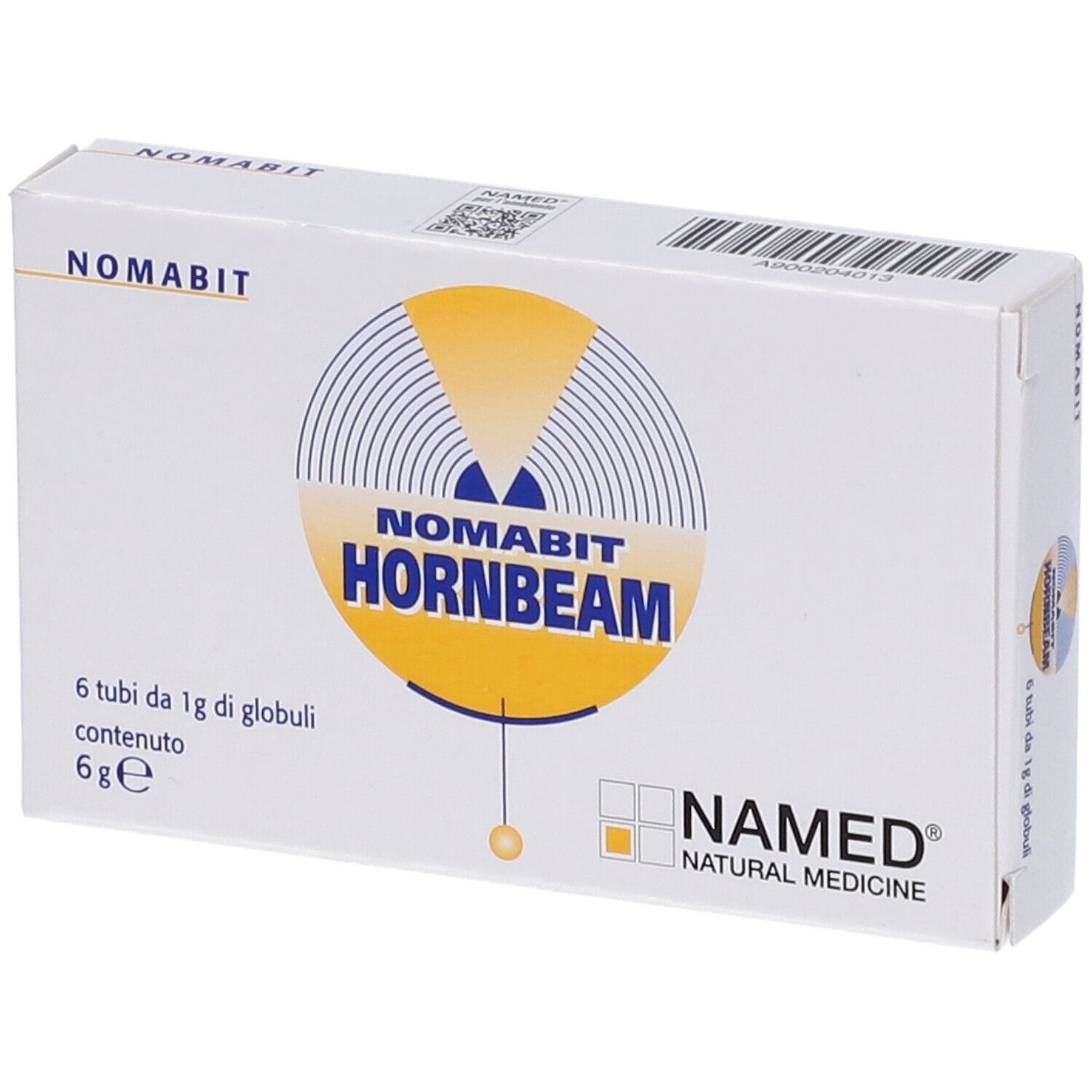 Scatola bianca con logo "Nomabit Hornbeam" e logo "NAMED". Contiene 6 tubi di globuli.