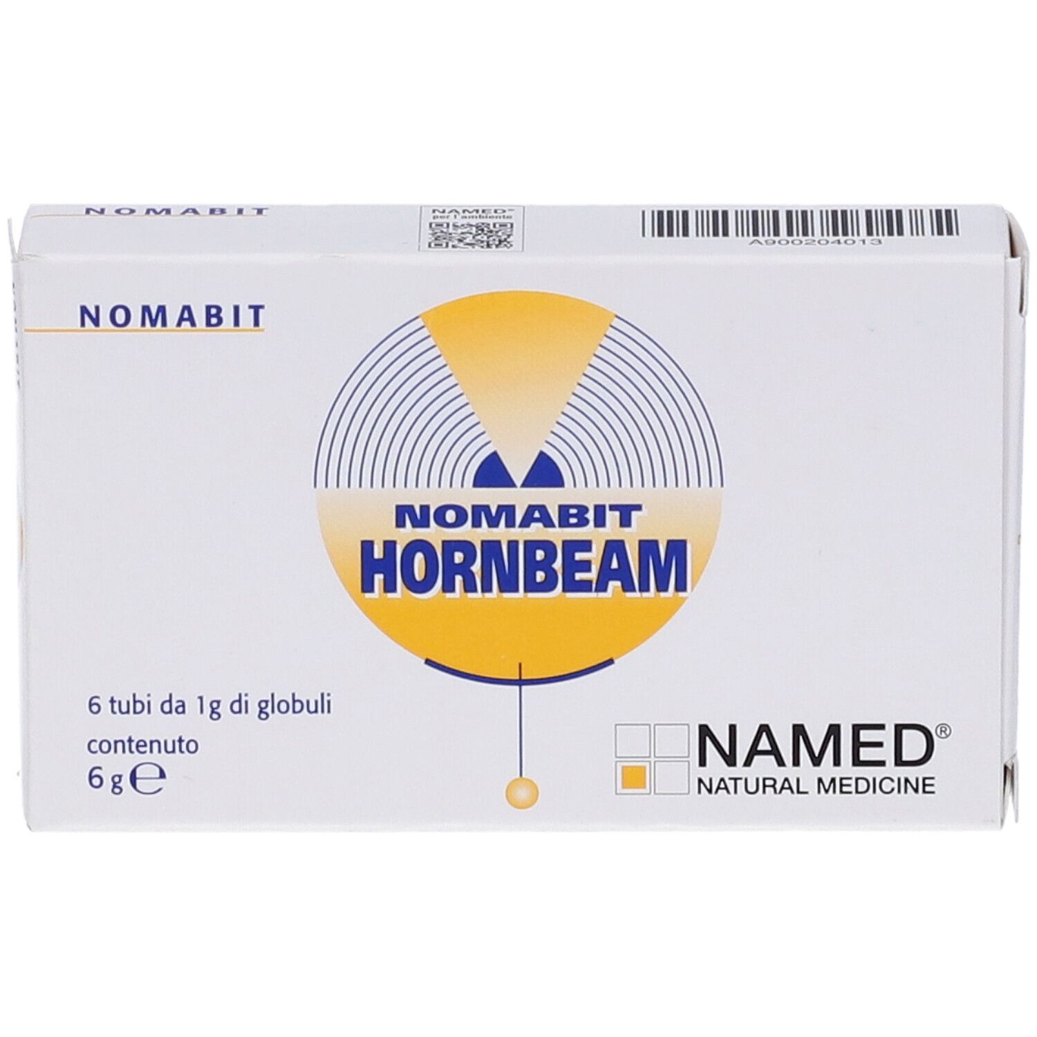 Scatola bianca con logo "Nomabit Hornbeam" e logo "NAMED". Contiene 6 tubi di globuli.