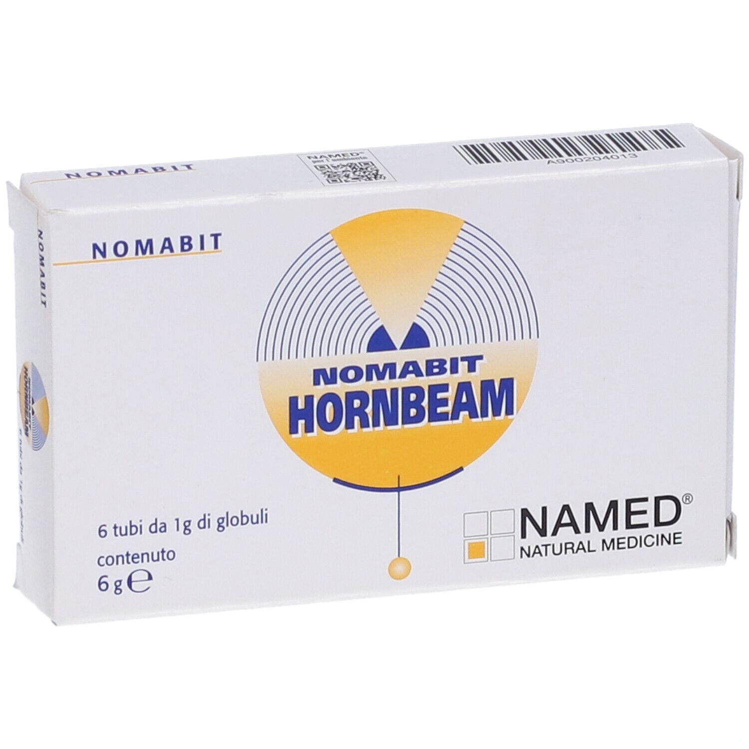 Scatola bianca con logo "Nomabit Hornbeam" e logo "NAMED". Contiene 6 tubi di globuli.
