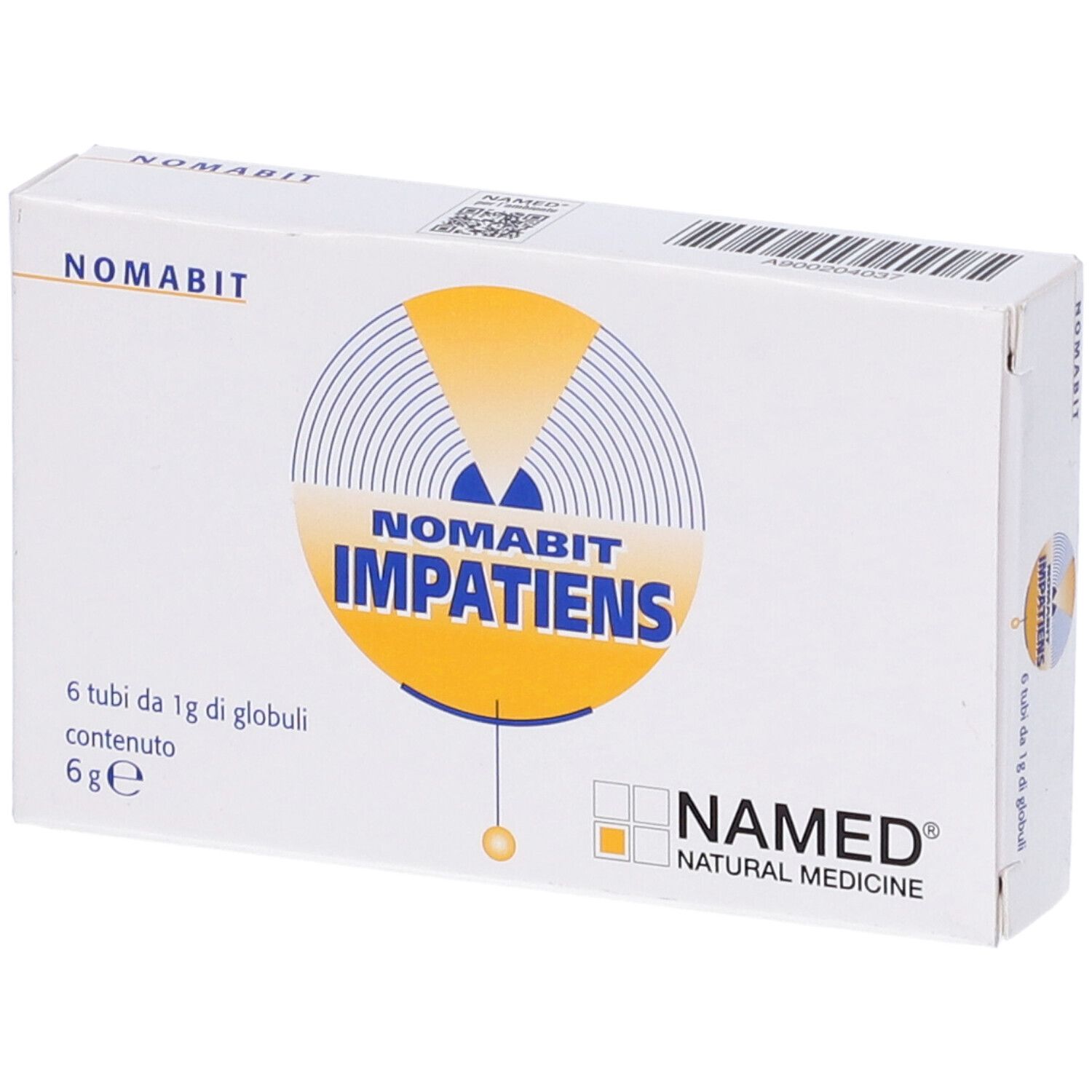 Scatola bianca con logo giallo e testo: Nomabit Impatiens. 6 tubi di globuli, 6 g. Marchio: NAMED Natural Medicine.