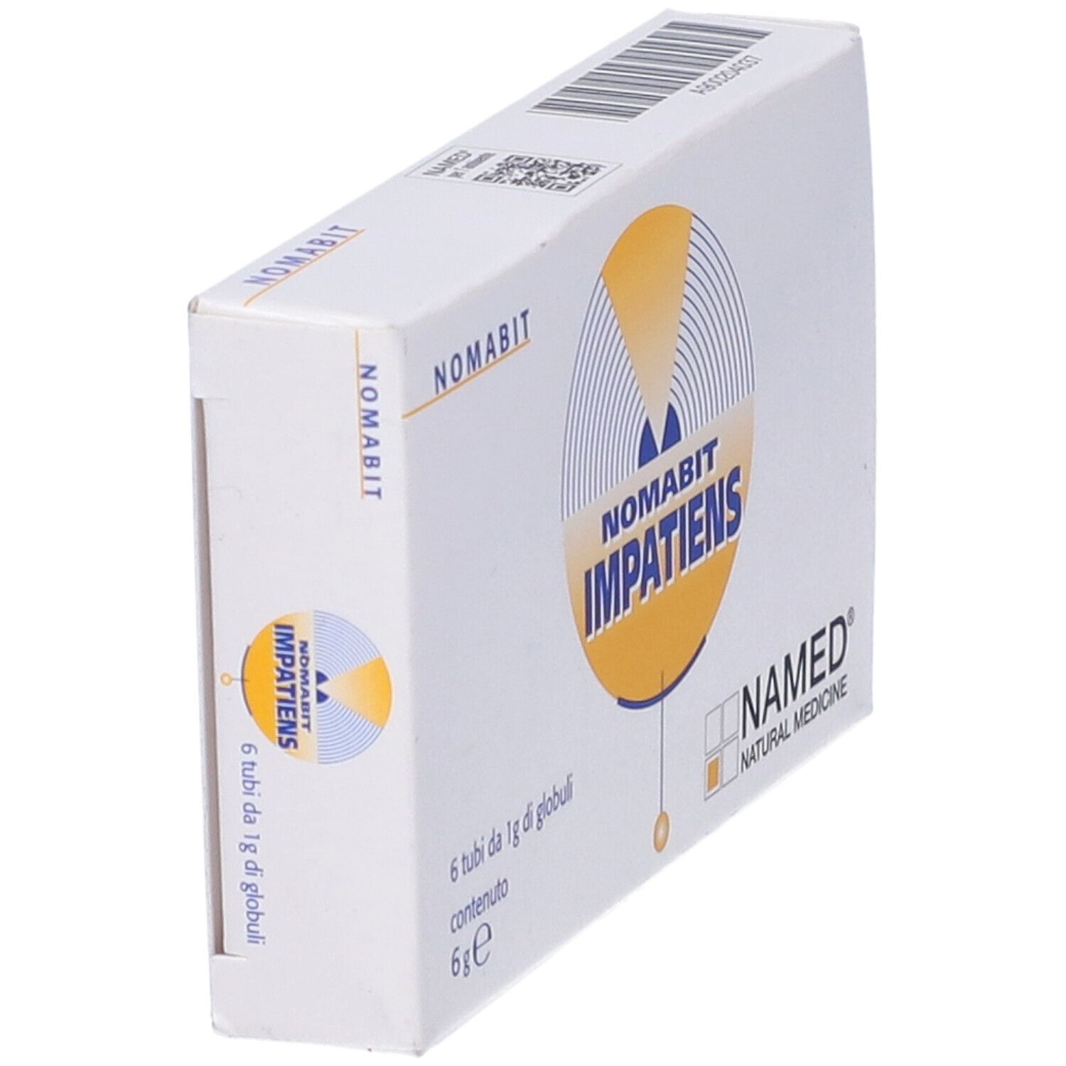 Scatola, vista laterale. Logo e testo: Nomabit Impatiens. 6 tubi di globuli, 6 g. Marchio: NAMED Natural Medicine.