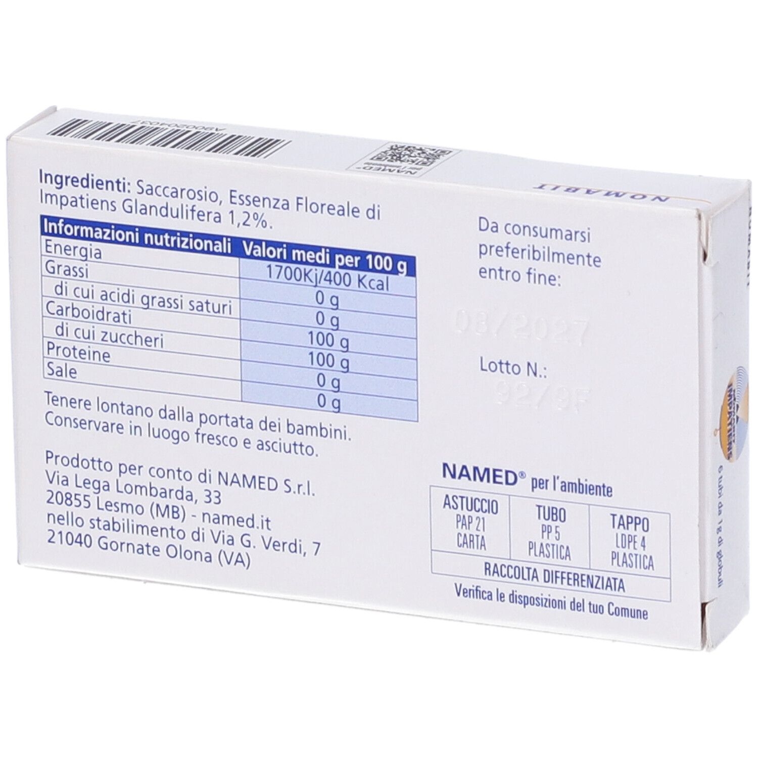 Retro della scatola. Testo: informazioni nutrizionali, ingredienti, informazioni del produttore. Marchio: NAMED.