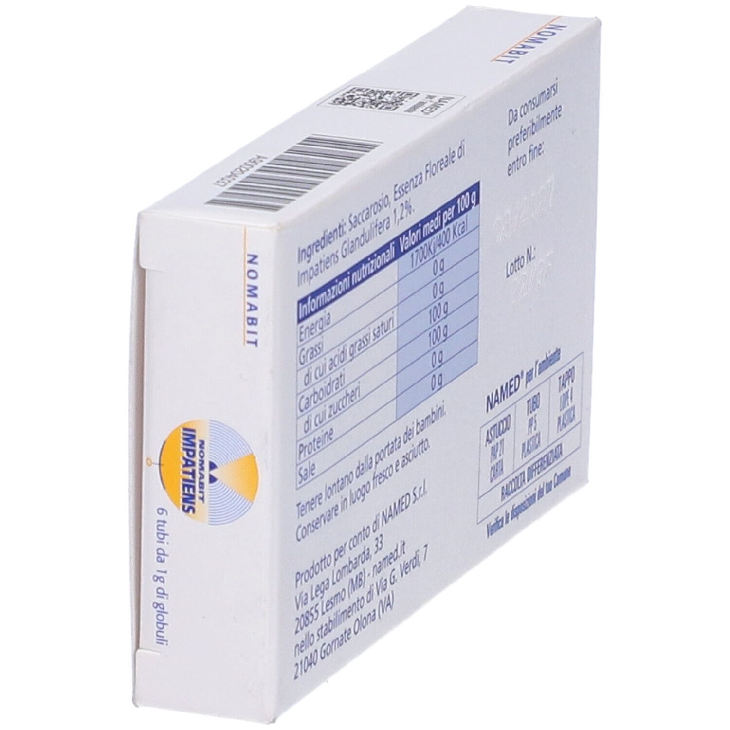 Scatola, vista posteriore obliqua. Testo: informazioni nutrizionali, ingredienti, informazioni del produttore. Marchio: NAMED.